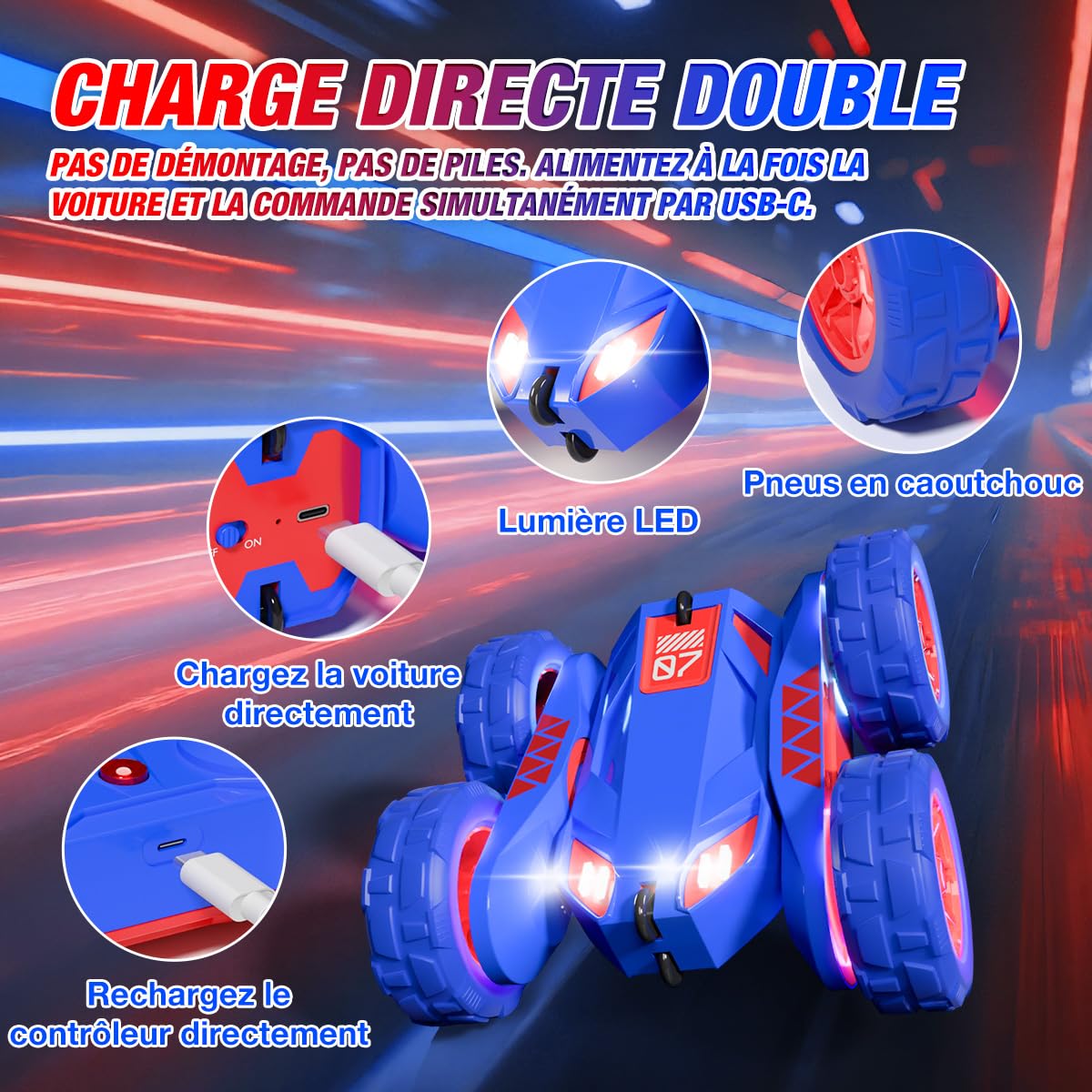 Voiture Télécommandée USB Chargement Direct avec LED,2.4Ghz 360° Rotation Monster Truck Tout Terrain,RC Voiture Radiocommandée Cadeau Jouet Enfants 3-12 Ans Garçon Fille