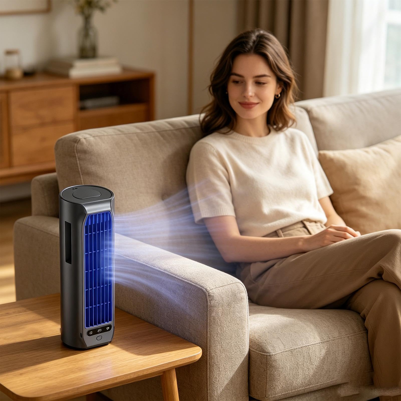 Ventilatore portatile ricaricabile da tavolo, mini ventilatore wireless da 3000 mAh, tre velocità regolabili, supporto per telefono integrato, condizionatore d'aria orizzontale per camera da