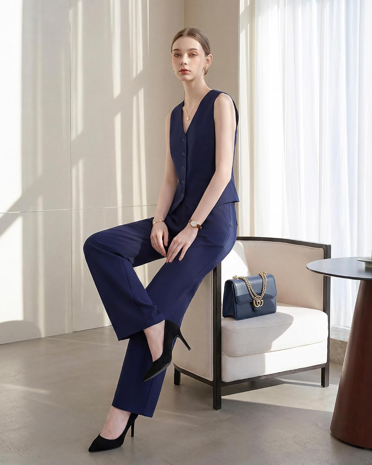 Womens Suit 2-Piece Set Business, Wrinkle-Free Vest and Pant Suits for Women Sleeveless, Professional Workwear for Office