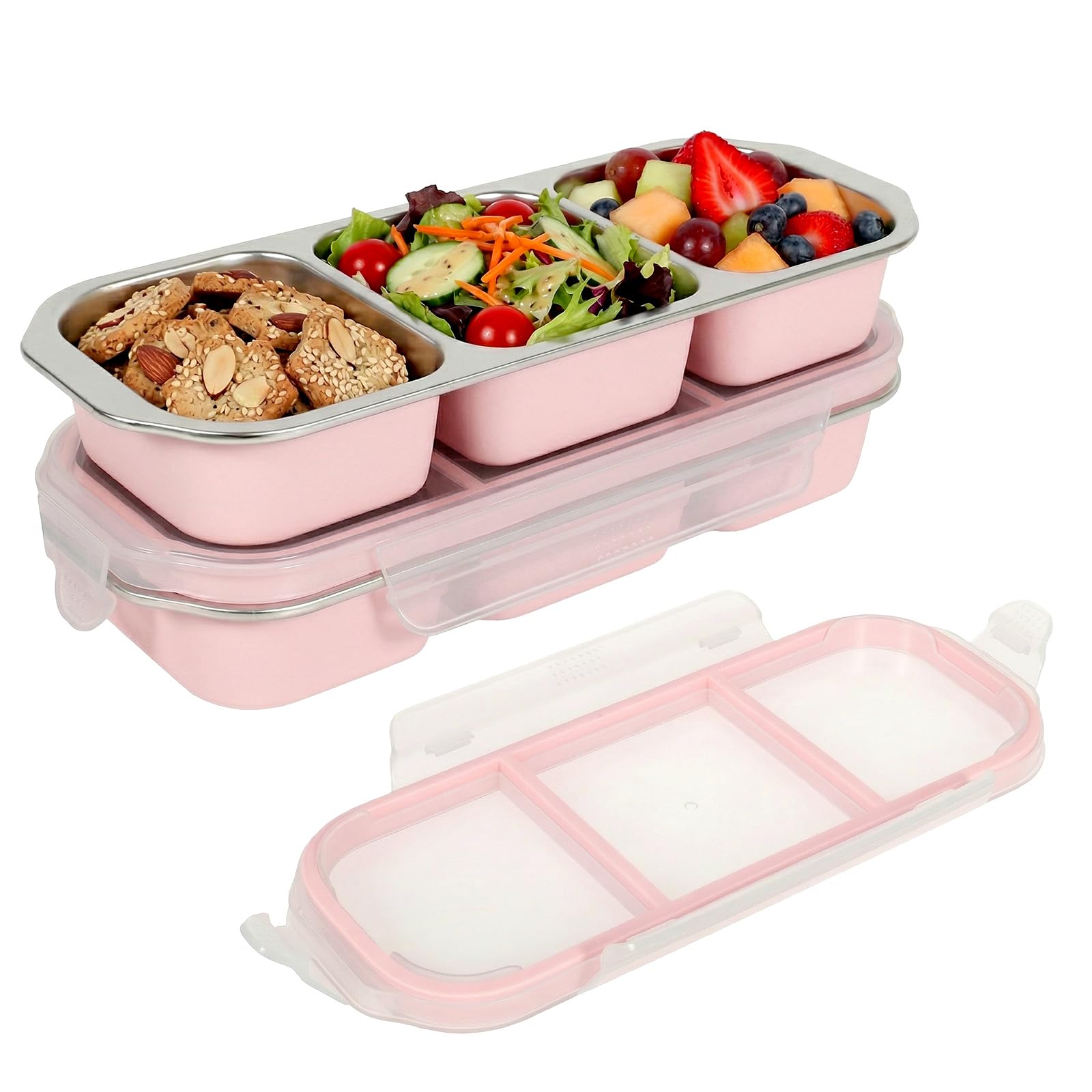 Wameitf Pink-3Grids 2 Pack Stainless Steel Snack Container, Leakproof Snack Box With Lid 27X11x5cm Travel Stackable Reusable Food Container, Divided Meal Prep Containers, Lunch Box For Travel Office(Pink-3Grids)