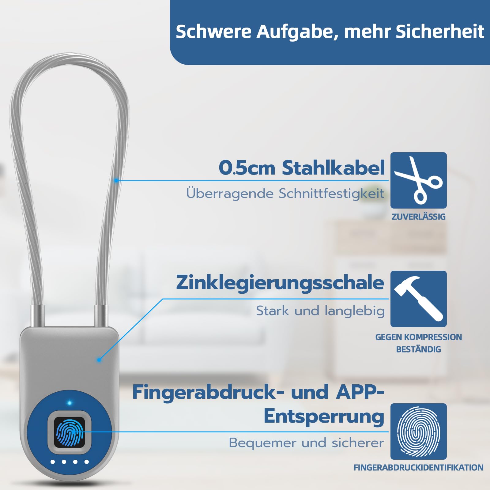 Anweller Lucchetto con impronte digitali, lucchetto con cavo da 22 cm, per impronte digitali con app, adatto per biciclette, scooter elettrici, bagagli, valigetta per armi, cassetta degli attrezzi,