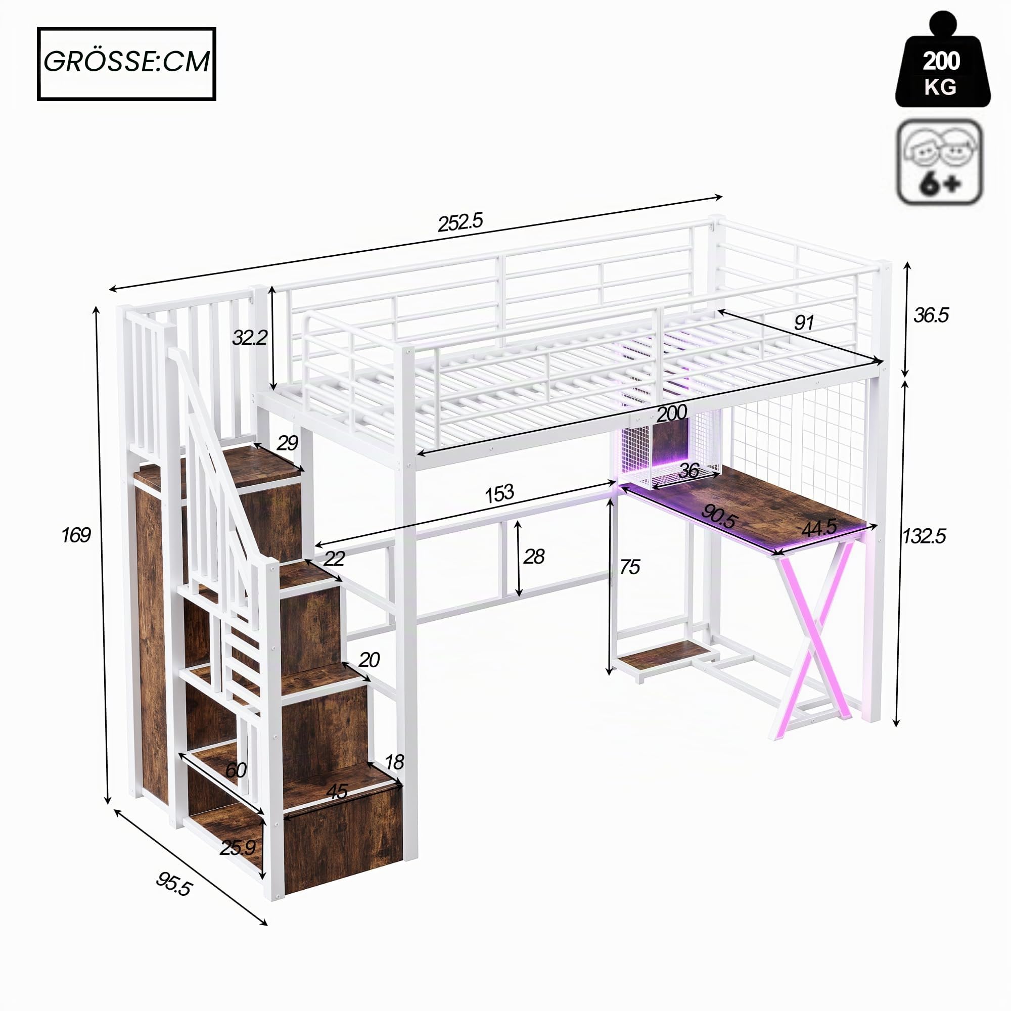 Hochbett, 90x200, Mit LED-Leuchten, Ablageleiter, Schreibtisch, Kleiderschrank, Regale, ohne Matratze, Weiß