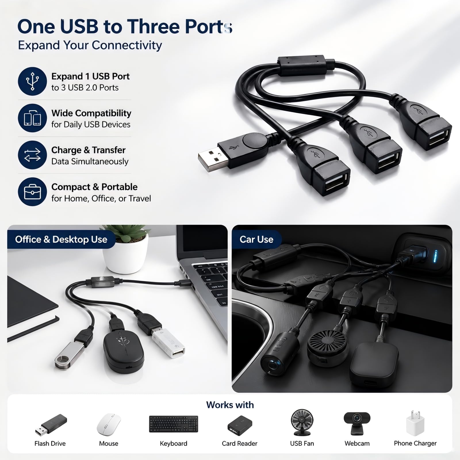 Répartiteur USB 1 entrée 3 sorties (3 m), USB A mâle vers 3 femelles USB Y câble répartiteur USB A 2.0 portable pour chargement, transfert de données, ordinateur portable/PC/voiture/clavier