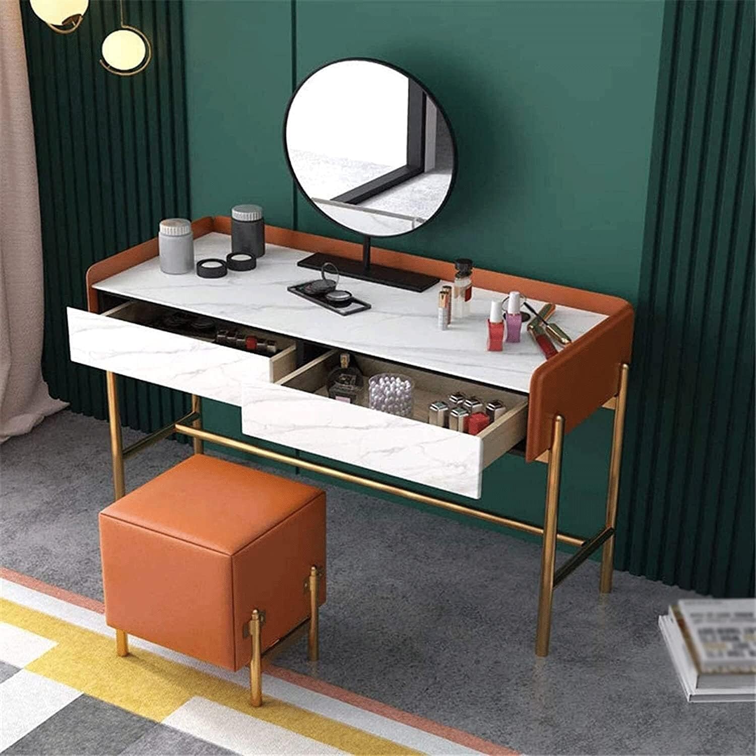 Vanity Benches Set Makeup Table with Round-Mirrors Upholstered Stool Bedroom Vanities Table with 2 Drawers Girls Vanity for Gift