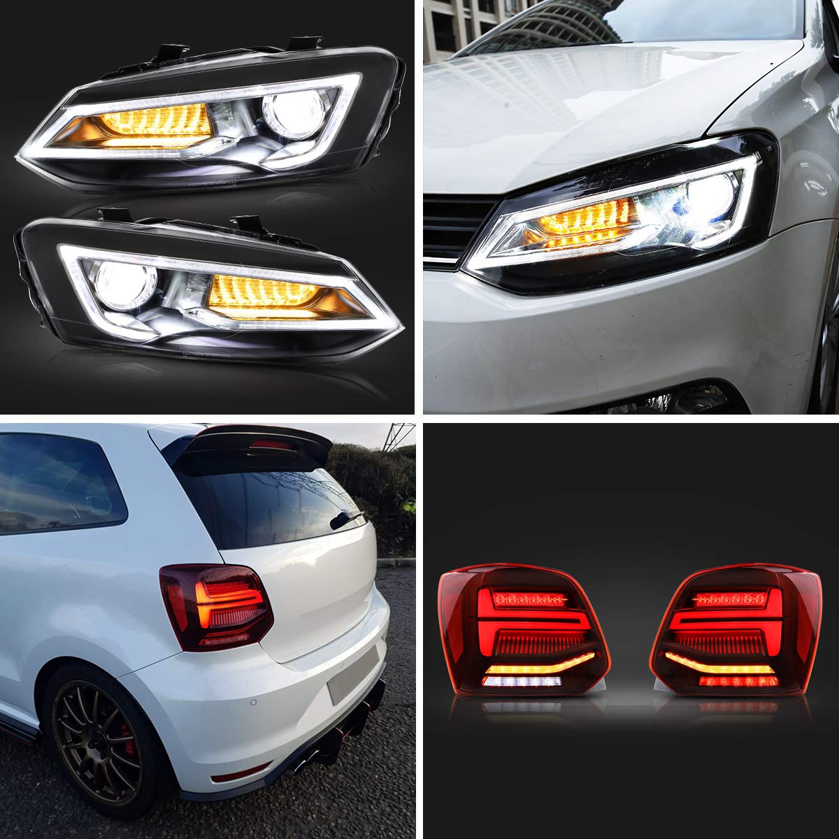 VLAND Faros delanteros y luces traseras para Polo MK5 6R 6C TSI 2009-2018 luces traseras de la lámpara delantera, con indicador secuencial, LED DRL Tech