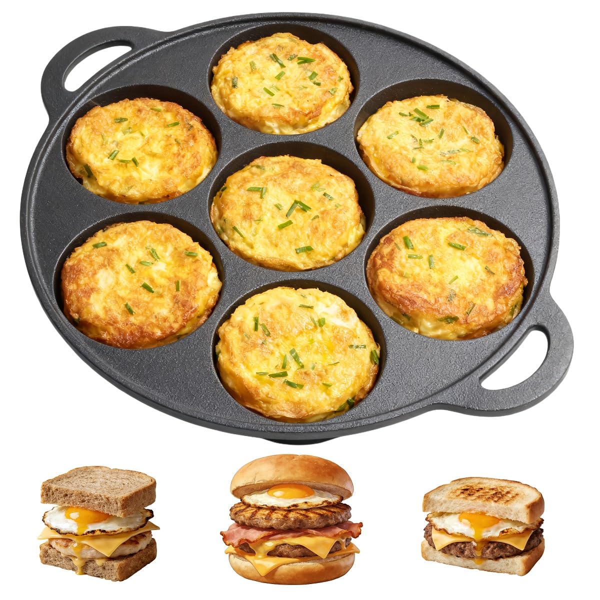 Cast Iron 7-Cup Egg Pan Skillet, 10 Inch Omelette Pan, Breakfast Pan for Fried Eggs, Pancakes, Sandwiches & Hamburger, Natural Nonstick with Seasoning, Oven Safe, PFOA Free, All Stove Tops Compatible