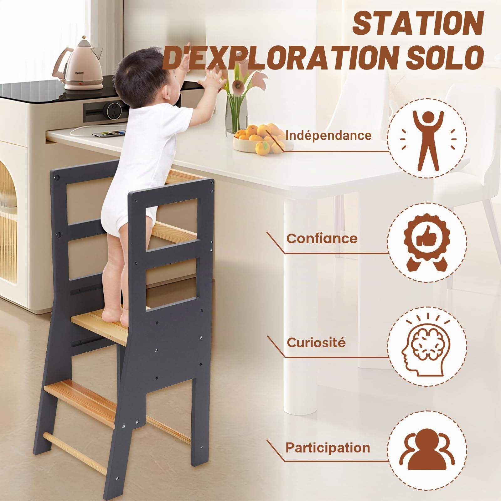 Tour d'Observation Montessori, en Bois Massif avec Garde-Corps de Sécurité, Dispositif Anti-Basculement, Tour d'Observation Enfant Evolutive, Tour d'Observation Bois Convient pour Une Chambre Enfant
