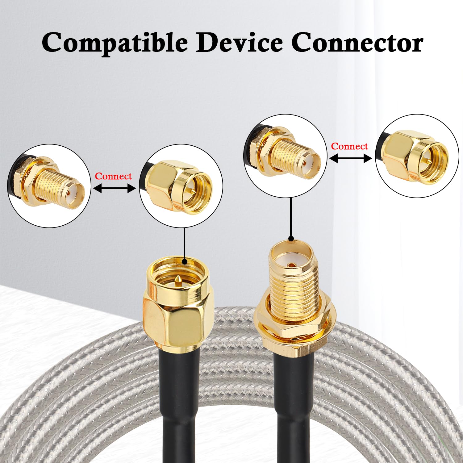 XRDS -RF Verlustarmes RG58-Koaxialkabel, 30 m, SMA-Stecker auf SMA-Buchse, Schott-Verlängerungskabel, massives Kupfer, 50 Ohm, RF-Kabel für WLAN-Antennen-Router, 4G LTE Gateway