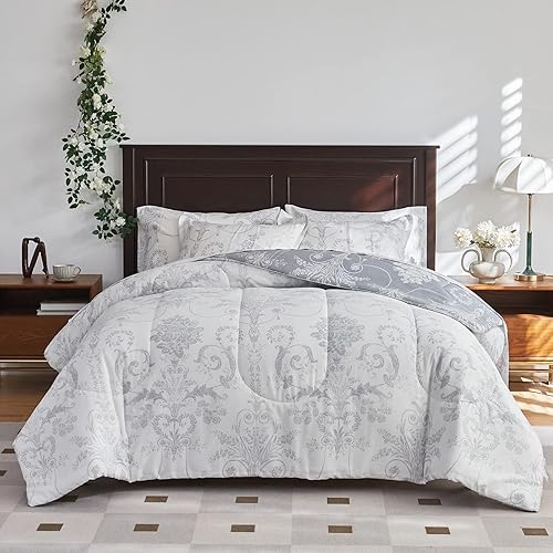 Miniatura 9 de Juego de sábanas de algodón gris en una bolsa, 6 piezas, tamaño individual, diseño floral, hojas de flores blancas (1 edredón, 2 fundas de almohada,