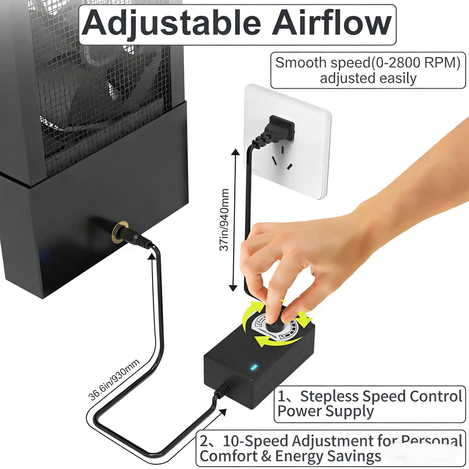 Extractor de aire vertical retráctil para ventanas corredizas: no requiere perforación, impermeable, velocidad variable, para dormitorios, espacios con humo, áreas calientes, 86-98cm/33.86-38.58inch
