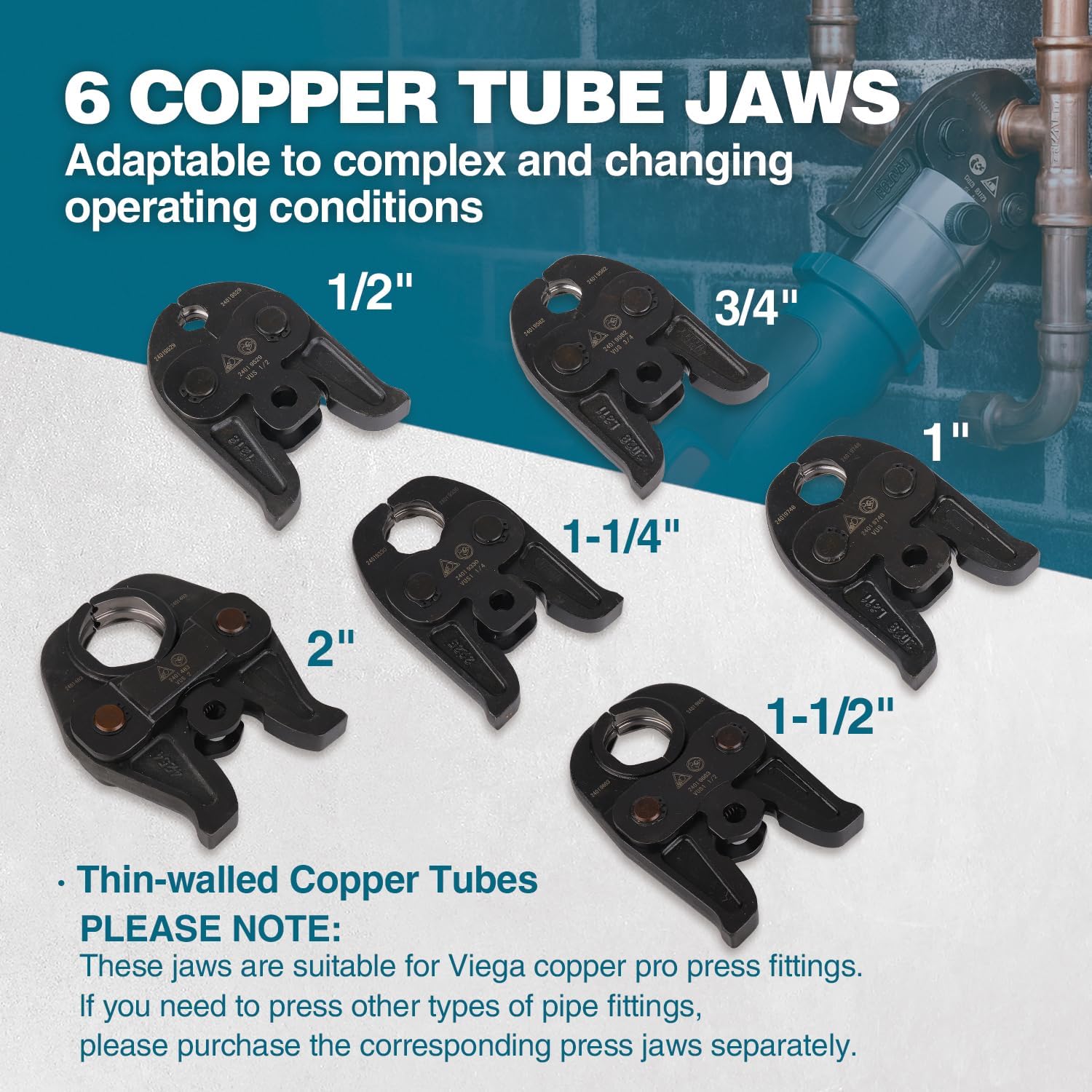 ZUPPER Standard Pro Press Tool kit with 6 Copper Pro Press Jaws 1/2" to 2", 2pcs 4AH Battery, Fast Charger & Carrying Case