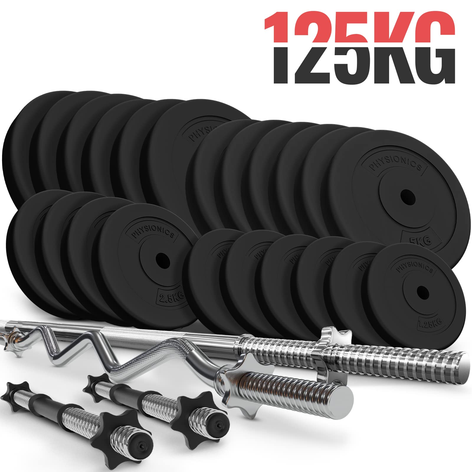 Physionics® Zestaw hantli – 45/75/105/125 kg, sztanga długa 165 cm, Ø 30 mm, 2 hantle krótkie, sztangi SZ, ciężarki – krótka sztanga do sztangi (długa + 2 hantle 125 kg)