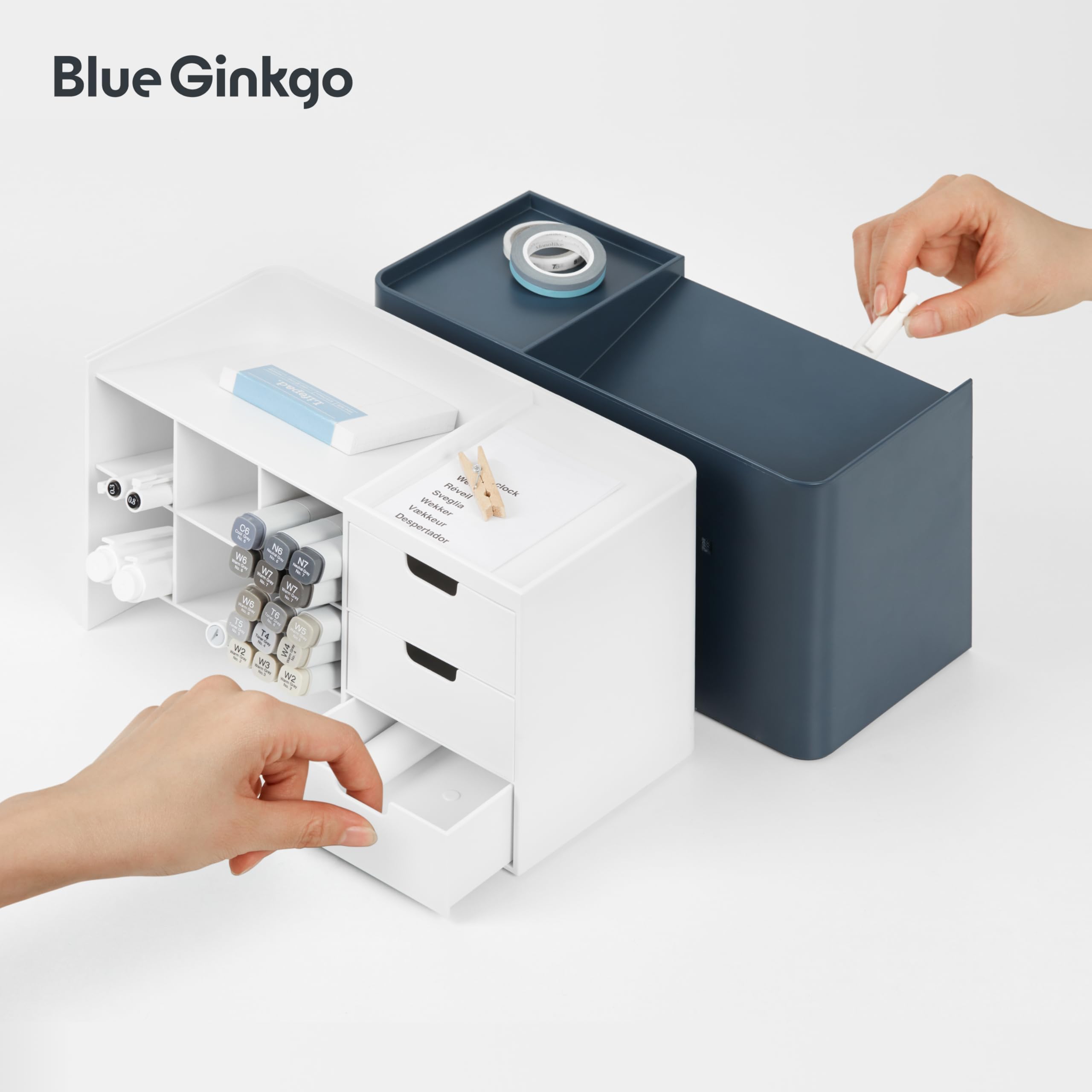 BLUE GINKGO Hive Stack Desk Organizer – Porte-stylos empilable avec tiroirs – Rangement bureau, fournitures scolaires, maquillage (Fabriqué en Corée, Blanc Transparent)