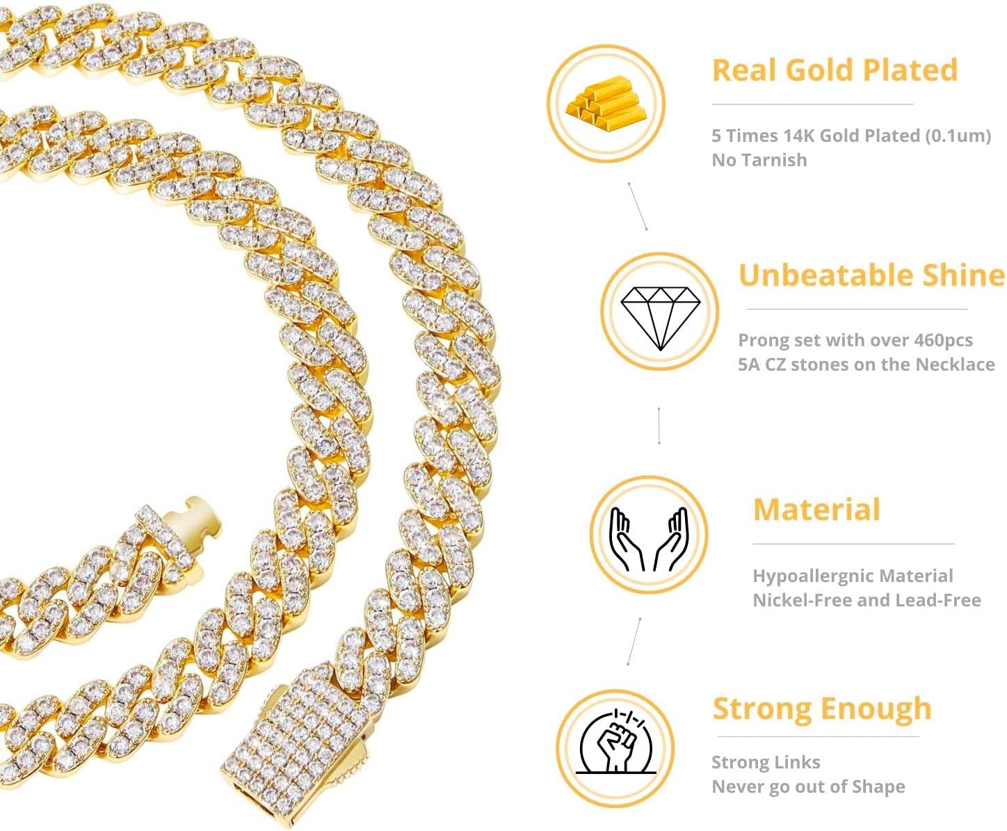 Iced Classic Spring Clasps 9mm Cuban Link Chain Necklace/Bracelet, Everlasting Shine 14k Gold/Silver Plated Diamond Choker, Prong-Setting 5A Cubic Zirconia Hip Hop Jewelry For Men Women with Gift Box