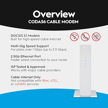 Hitron CODA56 DOCSIS 3.1 Cable Modem ONLY (NOT Fiber) | 2.5 Gbps | NO WiFi/Voice/Router | Single Ethernet Port | Xfinity/Spectrum/Cox Compatible | Requires Separate WiFi Router