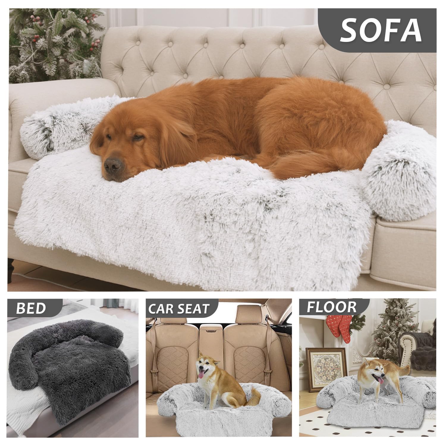 Tapetes de cama calmantes para perros y gatos, funda de sofá lavable y extraíble, tapete de pelo largo de felpa para mascotas, forro impermeable, perfecto para perros y gatos pequeños, medianos y