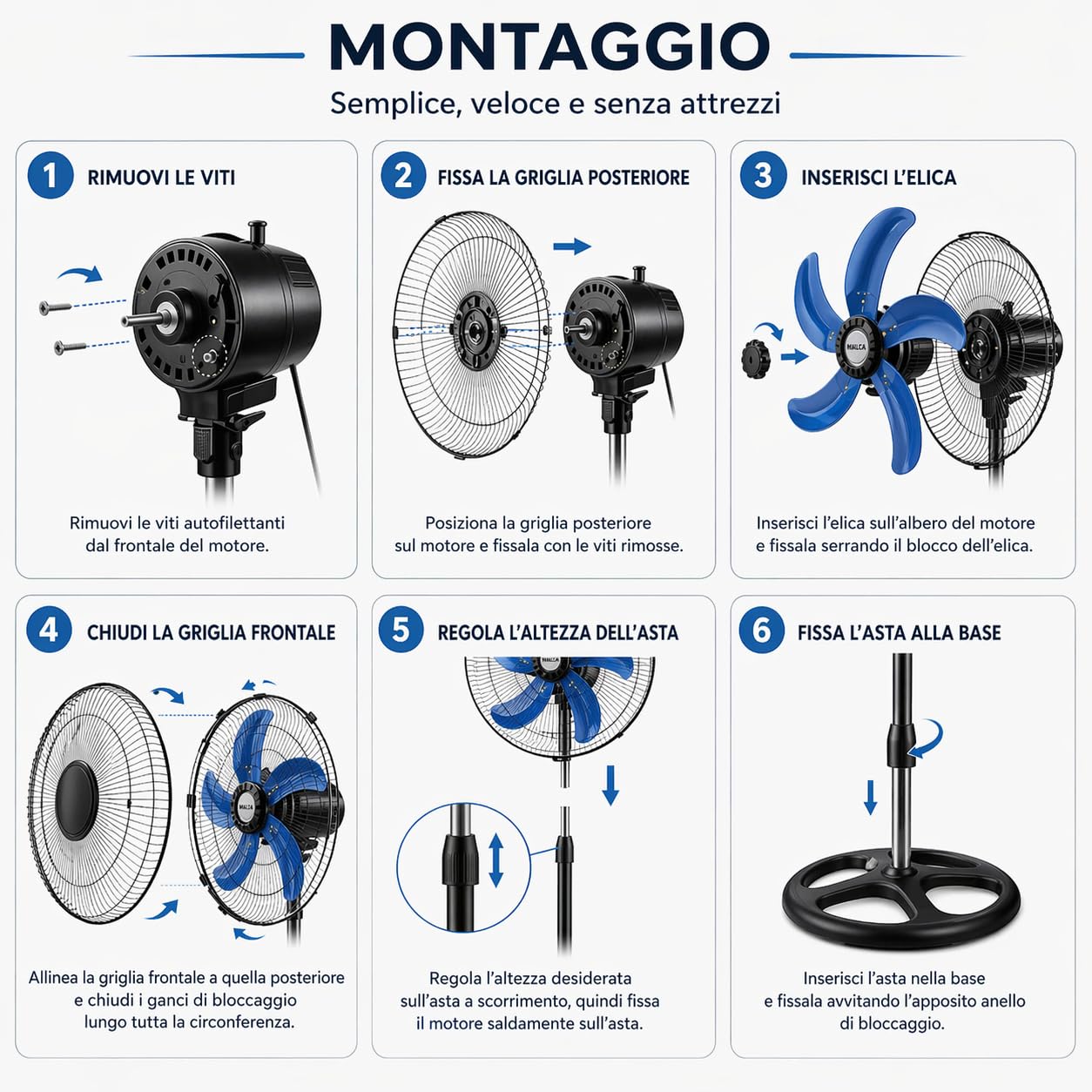 Ventilatore a Piantana da 50 cm con 5 Pale in Metallo e Motore 75W - Oscillazione Automatica - 3 Velocità - Altezza Regolabile 125 cm - Ventilatore SILENZIOSO con Griglia di Sicurezza per Casa/Ufficio