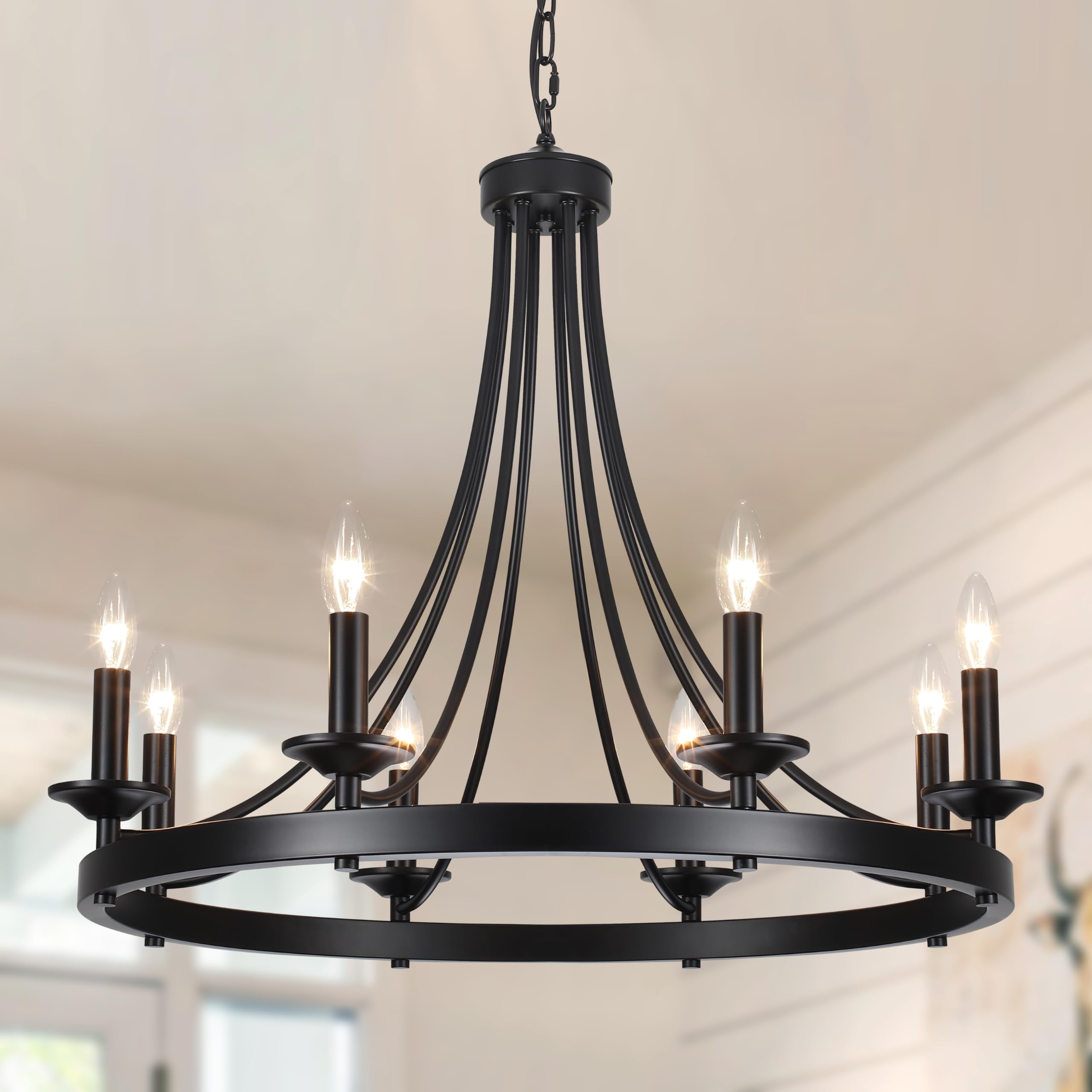 Corlaceling 8-Light Black Wagon Wheel Chandeliers, 28.3 Farmhouse Chandelier for Dining Room Industrial Round Candle Light Fixtures Adjustable Lighting for Kitchen Living Room Hallway Foyer
