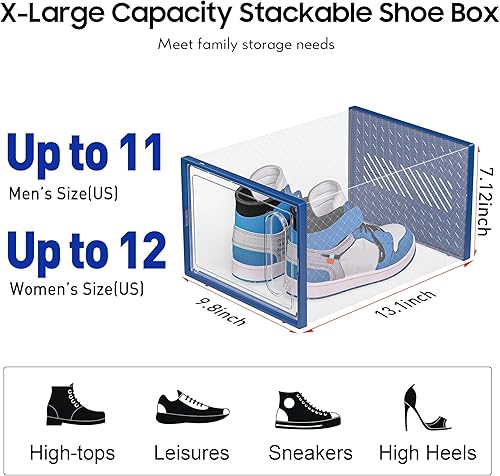 Miniatura 3 de eWonLife Caja de almacenamiento grande para organizar zapatos con puerta magnética, paquete de 12 contenedores apilables de plástico transparente
