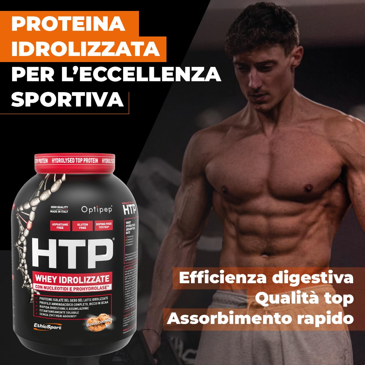 EthicSport HTP – Proteine isolate e idrolizzate Optipep con ProHydrolase e nucleotidi – Supporto alla massa muscolare – 750 g - doping free tested* - Gusto Cookies