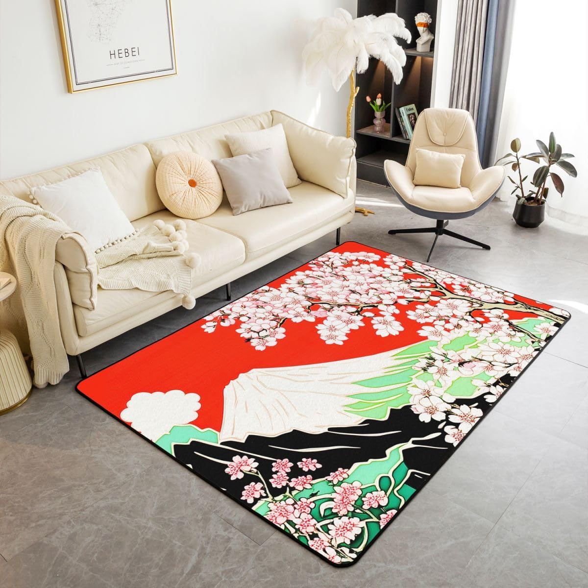 Homewish Kwiat wiśni dywan 100 x 150 cm do sypialni - japoński styl dywany Ukiyo salon Sakura Mount Fuji wzór nie gubi dywan, Groovy Flower Floral Duże dywany