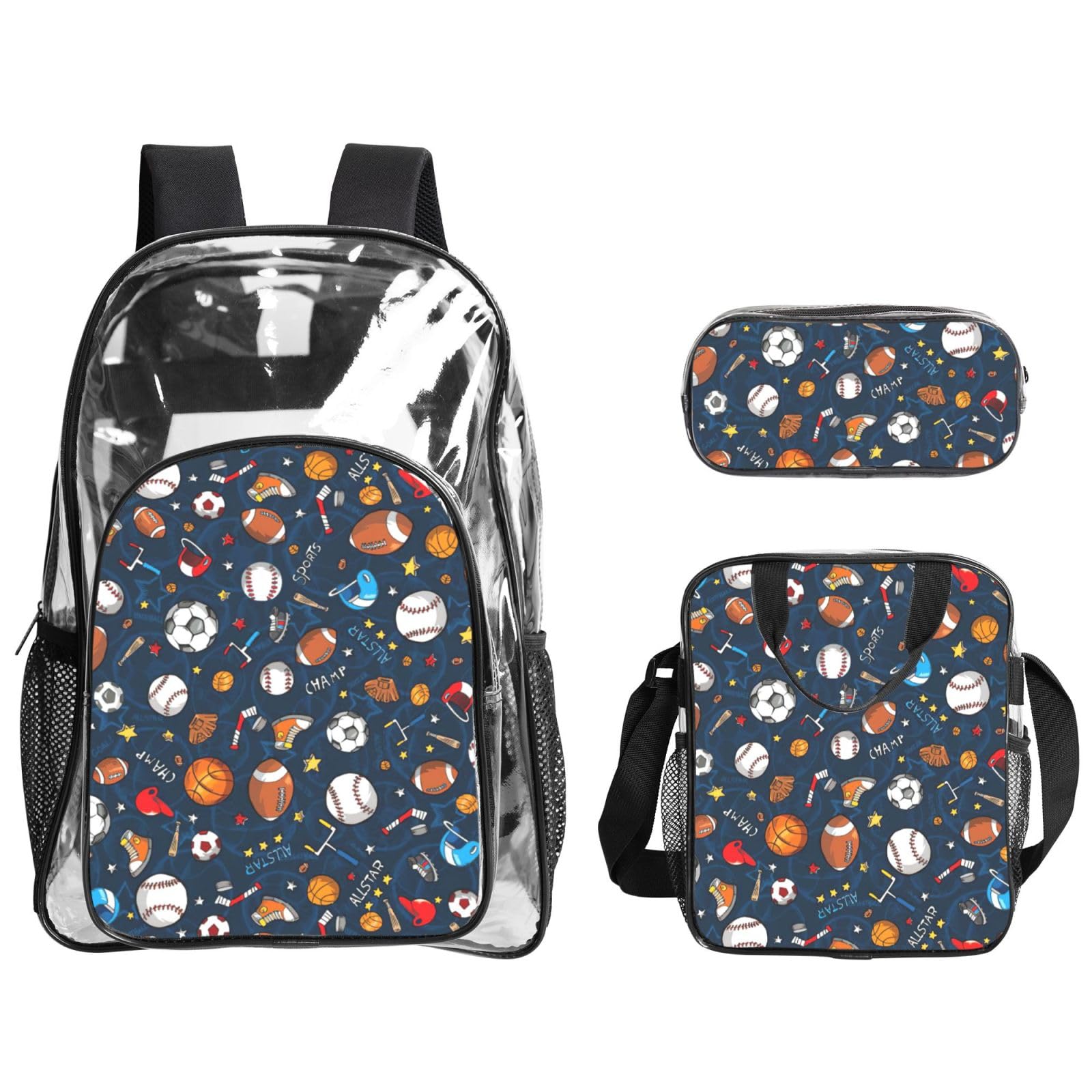 Juego de 3 bolsas transparentes con estampado de juego de béisbol deportivo para niños, bolsa transparente con bolsa de almuerzo aislada incluida