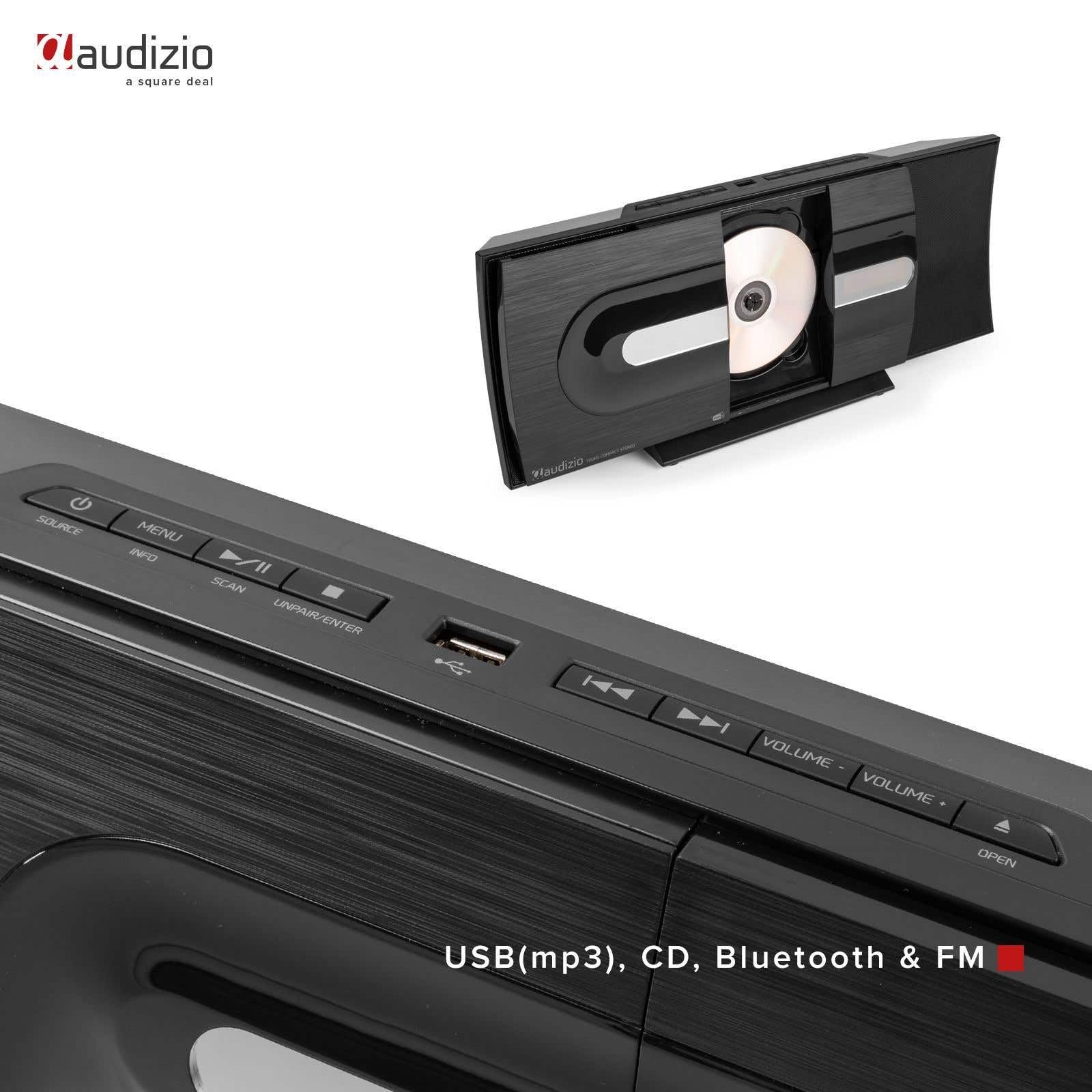 Audizio Tours Home Sistema estéreo HiFi con Bluetooth, Reproductor de CD, MP3 USB, sintonizador de Radio Digital Dab+ y FM, Mando a Distancia Incluido - Negro