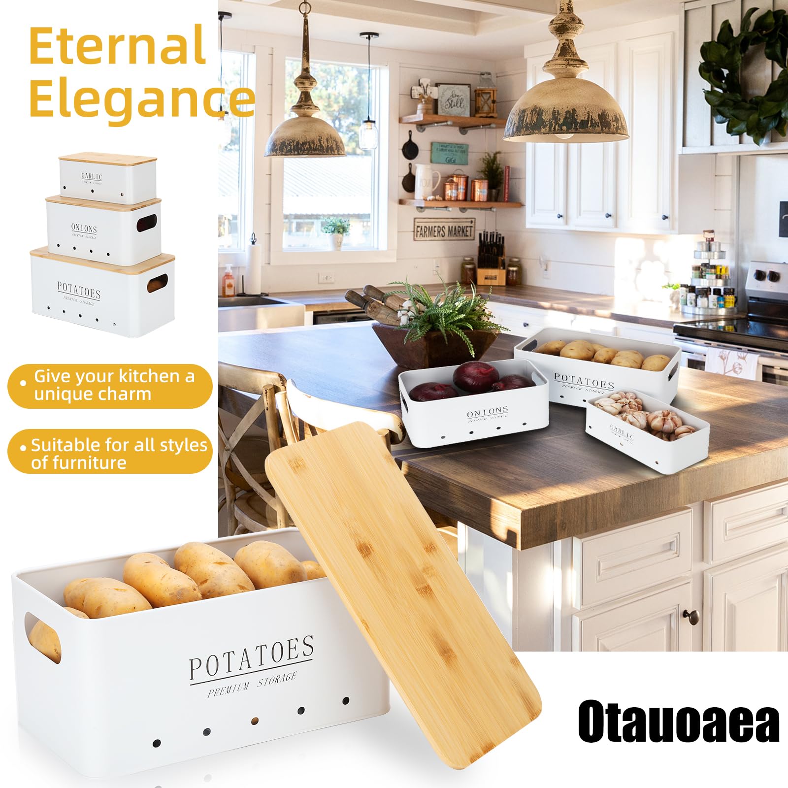 Caja Para Guardar Patatas - [Juego de 3] Tarros de Patatas Tarro de Cebolla Tarro de ajo - Almacenamiento Cocina con Tapa de bambú y Orificios de Ventilación - Blanco