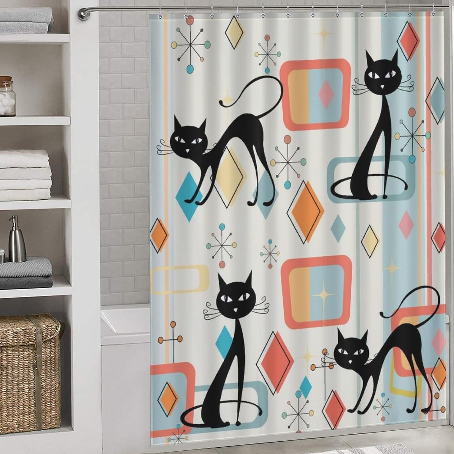 Mid Century Cat Shower Curtain, Modern Abstract Atomic Geometric Print Lovely Black Kittey Retro 1950s 1960s Pastel Waterproof Fabric Bathroom Shower Curtain Set with Hooks, 72"x72" Inch image 2