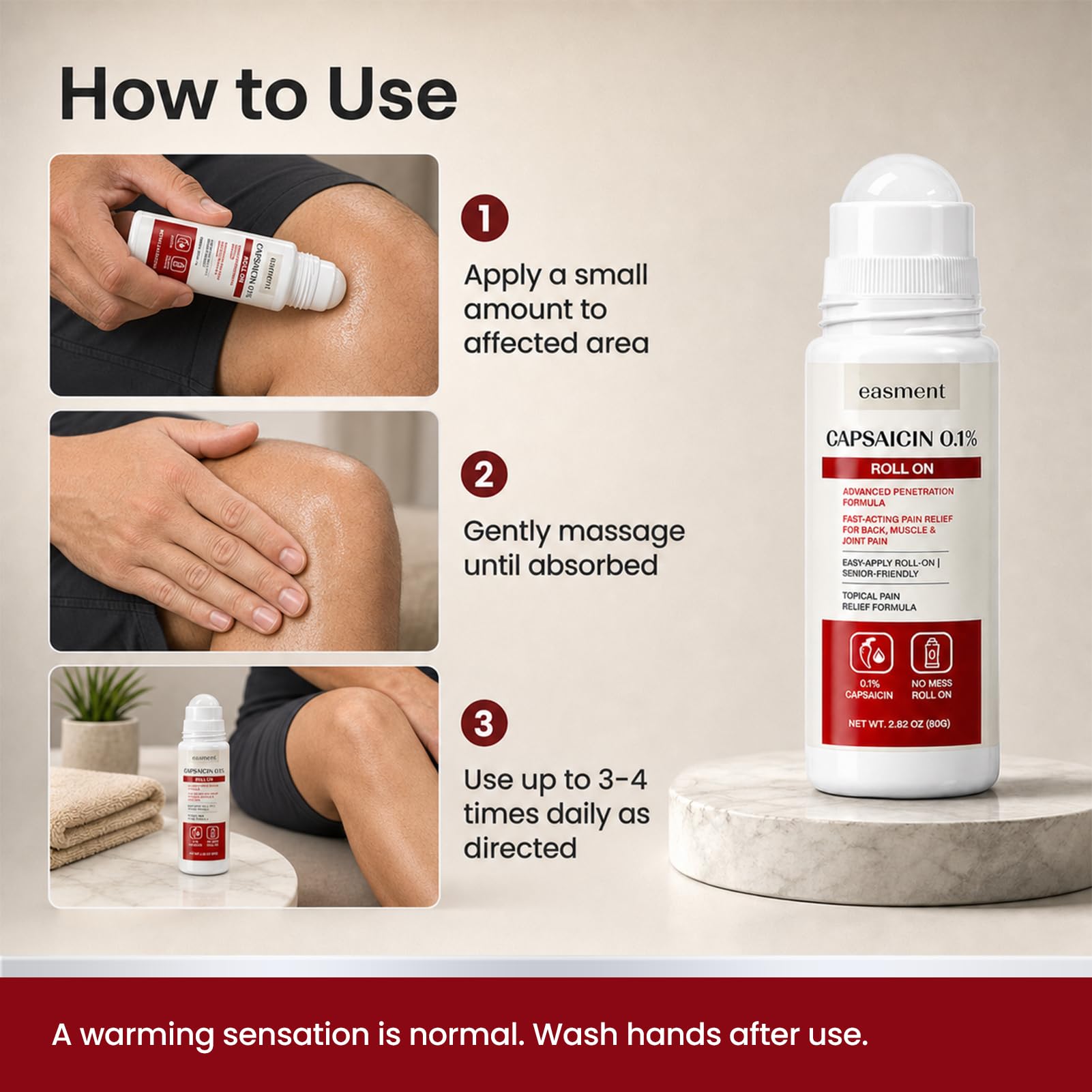 Capsaicin Roll On 0.1% for Muscle & Joint Pain Relief, Warming No-Mess Topical Cream Alternative for Back, Neck, Knee, Foot & Hand Aches, Fragrance Free, 2.82 fl oz — Amazon image 7
