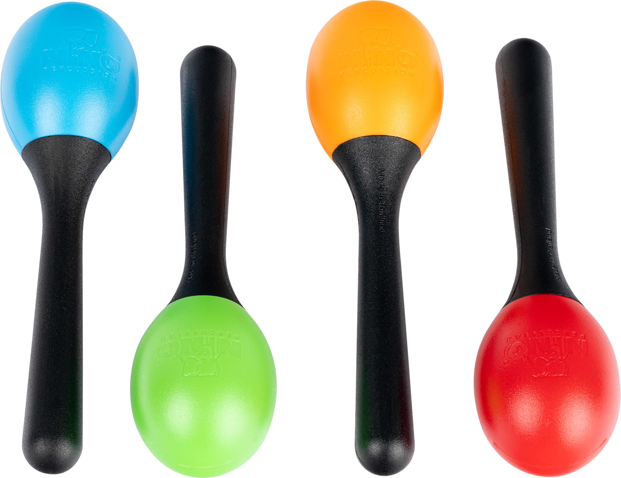 NINO® Percussion Plastic Egg Maracas Assortment, 48 Pcs. 12 x Green, 12 x Orange, 12 x Sky-Blue, 12 x Red, 1x Rattan Basket