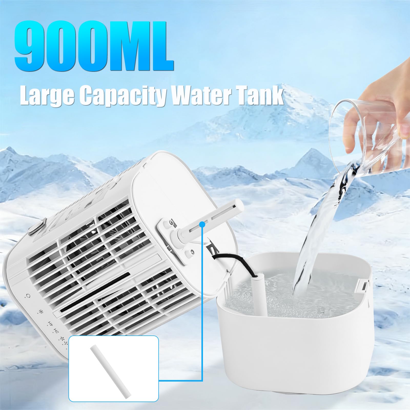 Mobile Klimaanlage mit 900ml Wassertank, Ventilator | 2/4 h Timer, 3 Windgeschwindigkeiten, Sprühfunktion, 7 Farben Licht, Mini Luftkühler für Schlafzimmer und Büro