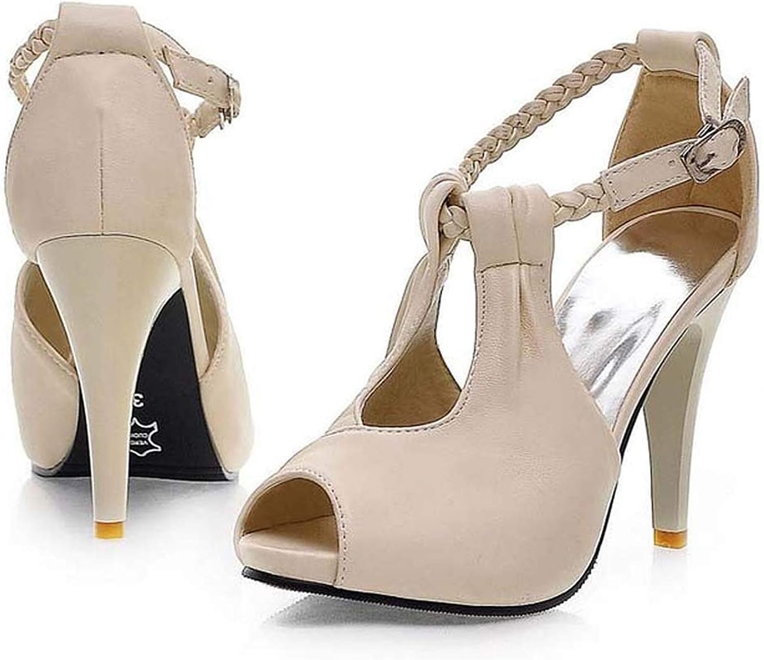 Women's Chic Sexy High Heel Ankle Wrap Hasp Plus Size 4-10.5 PU Leather Work Pumps Open Toe Sandal
