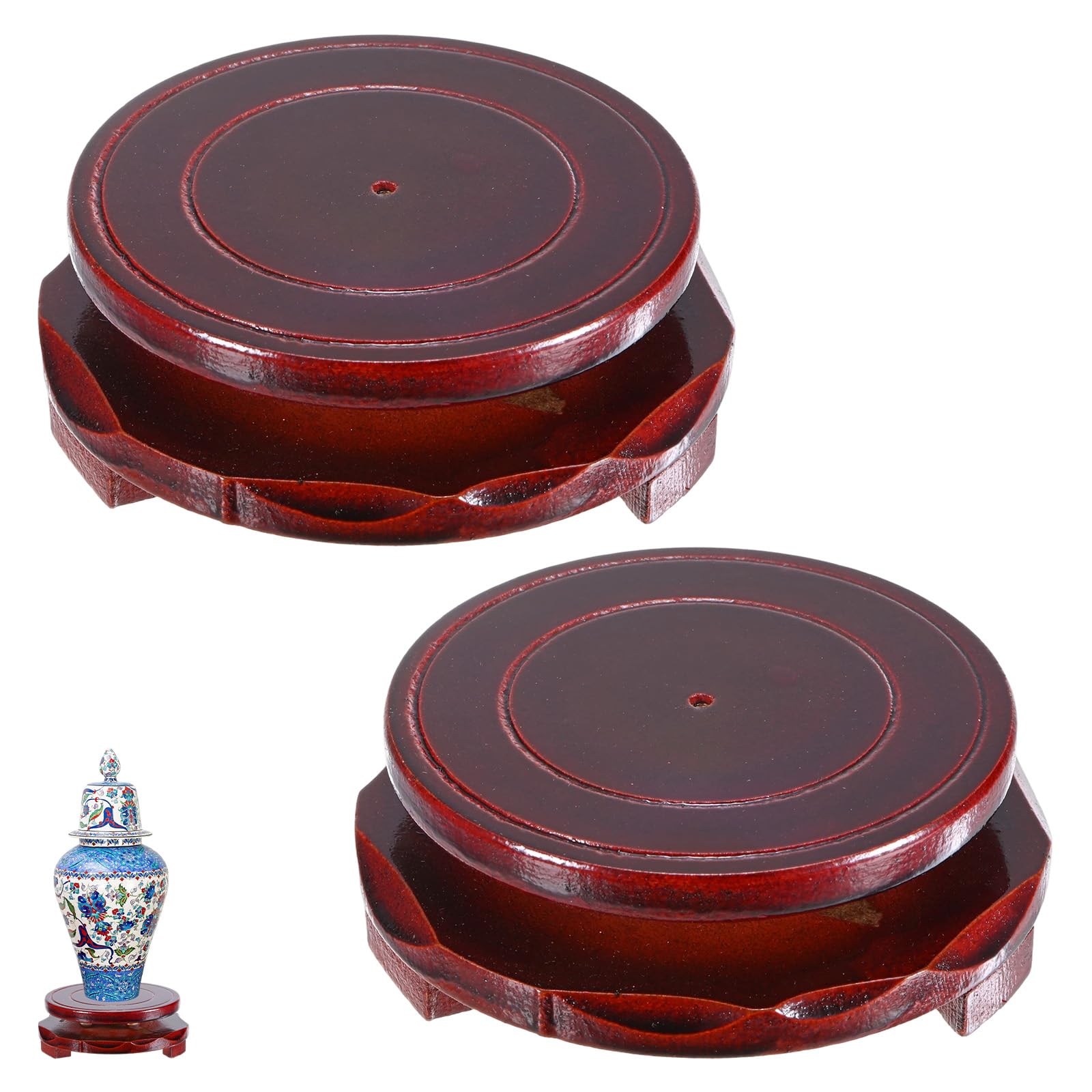 M METERXITY 2 Pack Display Stand, Brown Wooden Stands for Display, Stable Round Base Stand Decor for Fishbowl Planter [Rotation, 3.54'' x 1.34'']