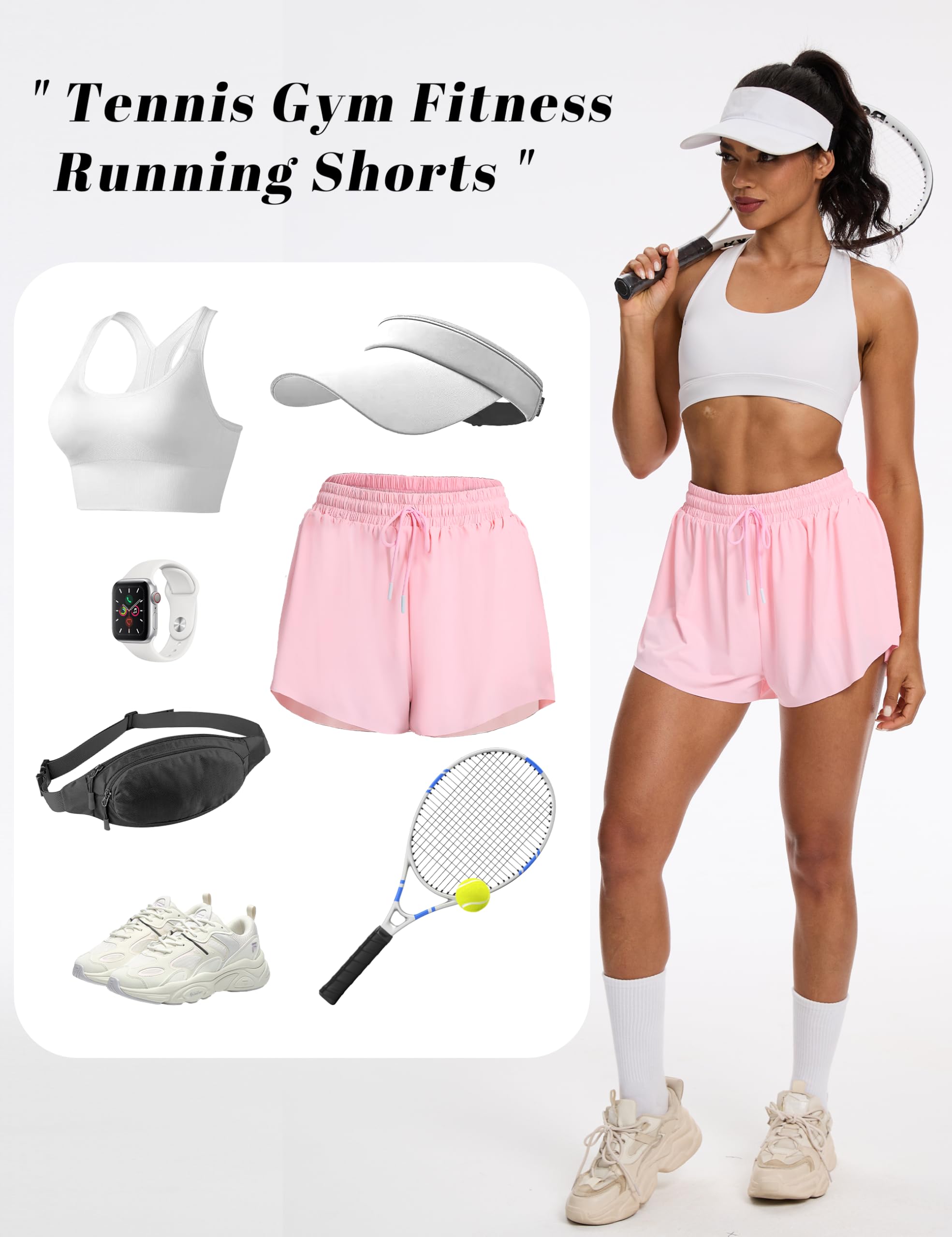 Shorts de Course pour Femme, Shorts de Sport Court 2 en 1, Short de Tennis, Gym, Fitness, Course à Pied avec 2 Poches