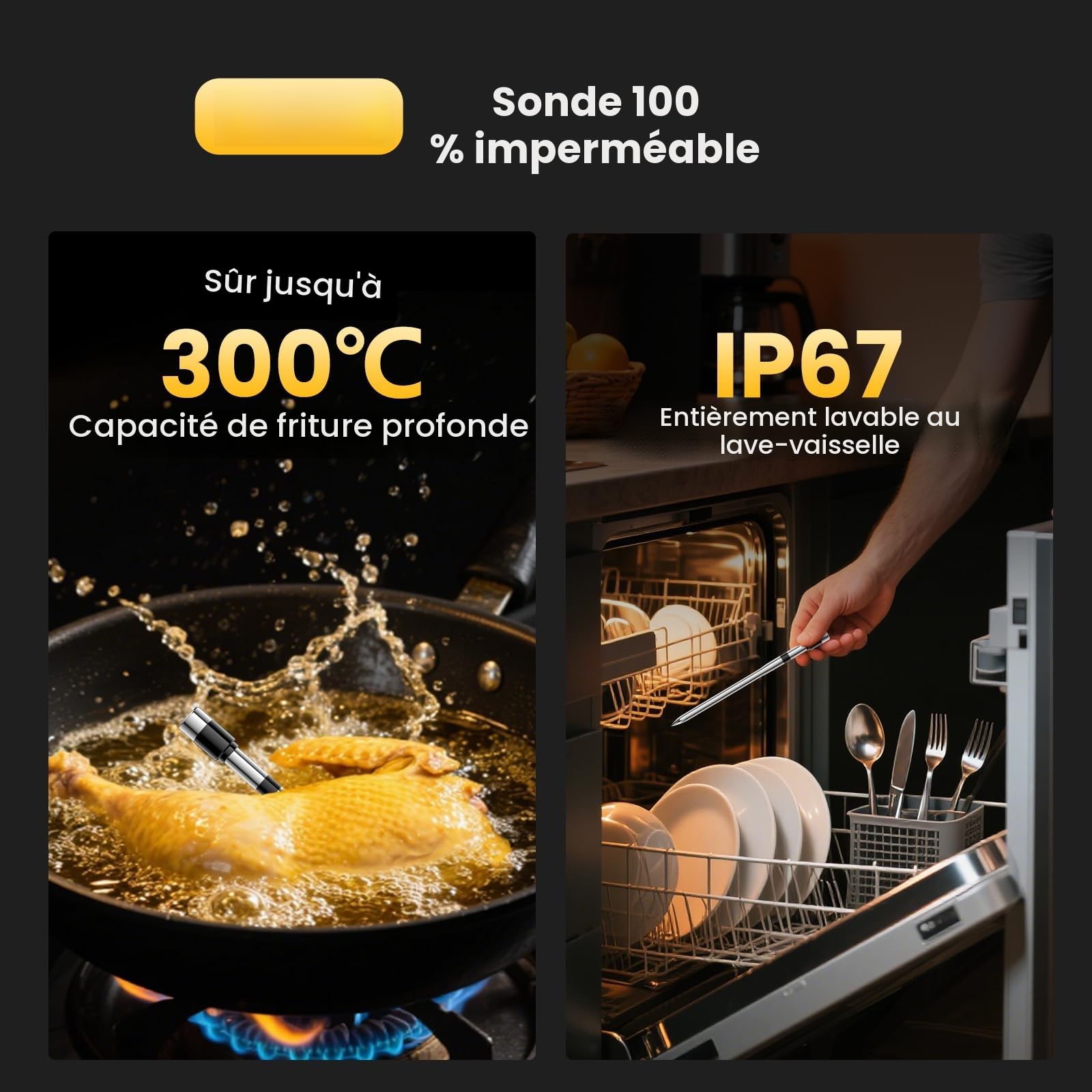 Thermometre Cuisine sans Fil, Sonde Temperature Cuisine Barbecue, Thermometre Connecté Bluetooth 240m et App, Étanche et Rechargeable, Minuterie et Alarme, Thermomètre Viande pour Four, Grill, Cadeau