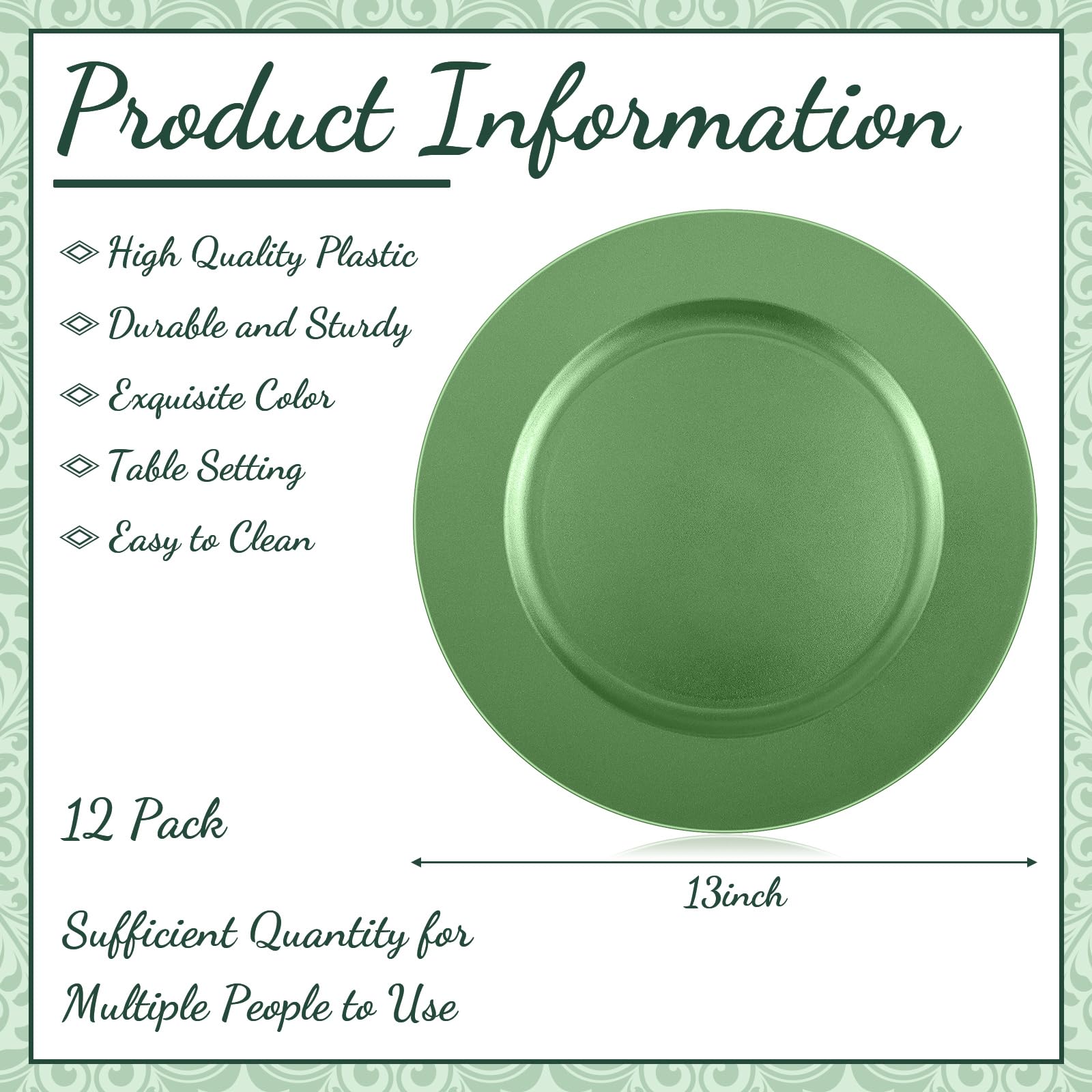 Tanlade 12 Pcs 13 Inch Charger Plates Bulk Round Wedding Chargers Plastic Dinner Plates for Table Setting Wedding Party Decoration (Green)
