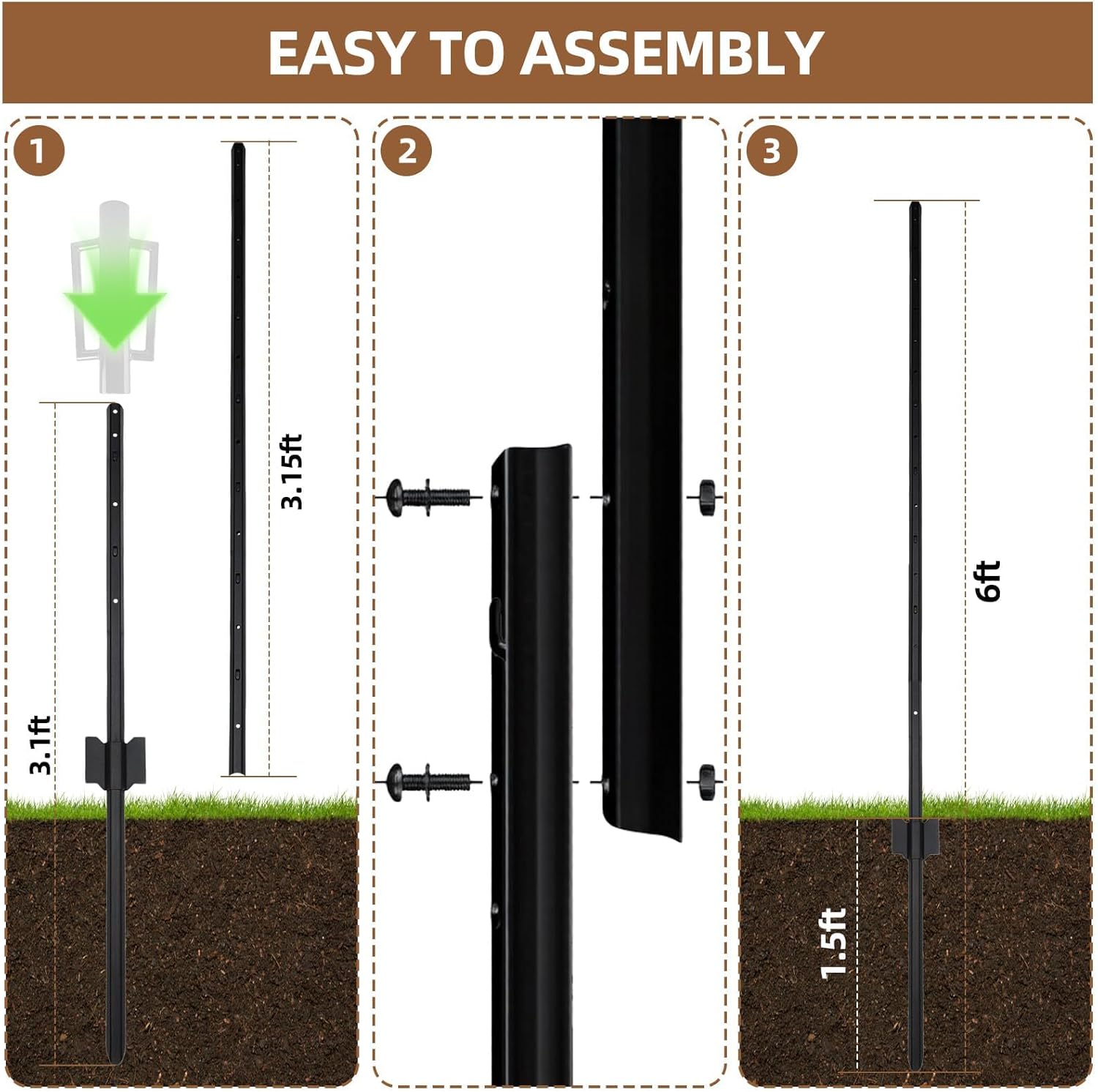 15 Pack Metal Fence Post Black Splicing, 6FT Heavy Duty Garden Fence Post for Wire Fence, Fence Posts No Dig U Post for Lawn, Garden, Farm