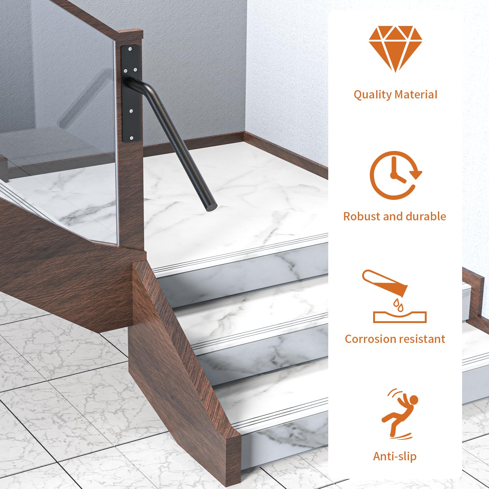 Snapklik.com : 16 Inch Black 1-3 Step Handrail w/Anti- Slip Knurled