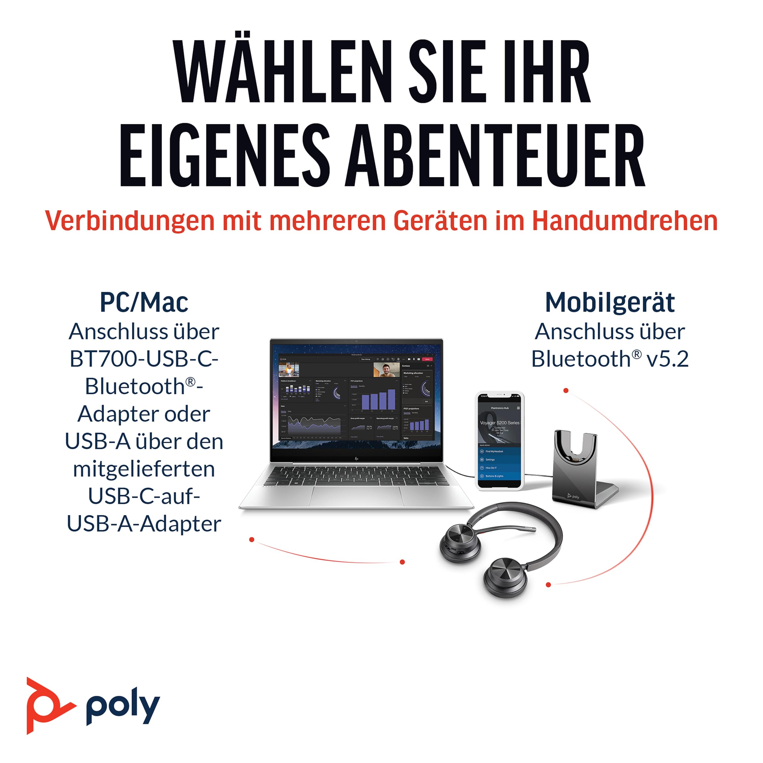 Plt Schnurloses Poly Voyager 4320 UC-Headset und Ladestation – Stereo-Kopfhörer mit Noise Cancelling-Mikrofonarm – Verbindung mit PC/Mac/Mobiltelefon über Bluetooth – Kompatibel mit Teams – Bild 5