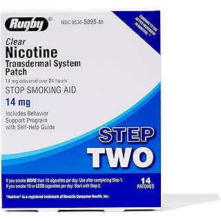 Rugby Clear Nicotine Patches - 14mg Transdermal System Patch - Smoking or Vaping Quitting Aid - Step 2 - 14 Count (1-Pack)