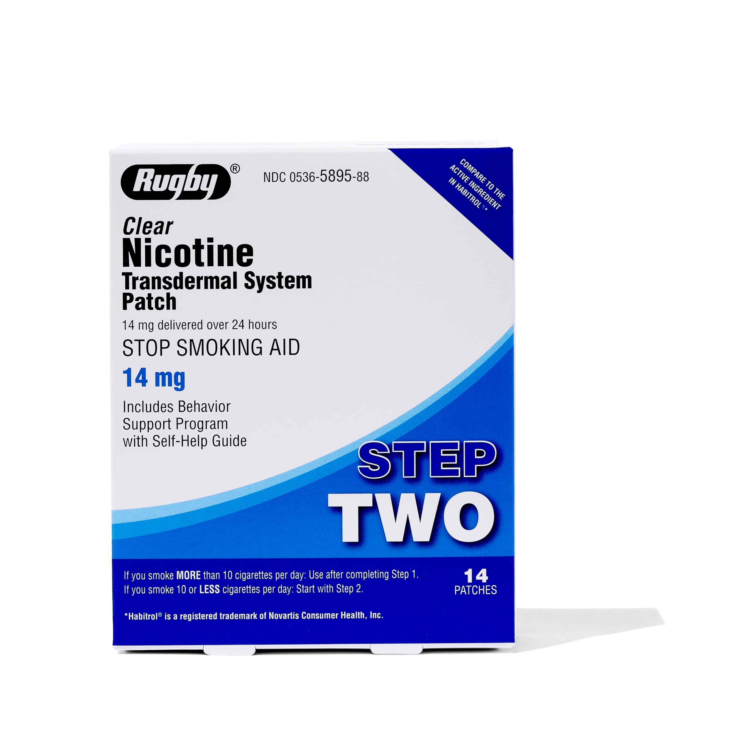 Rugby Clear Nicotine Patches - 14mg Transdermal System Patch - Smoking or Vaping Quitting Aid - Step 2 - 14 Count (1-Pack)
