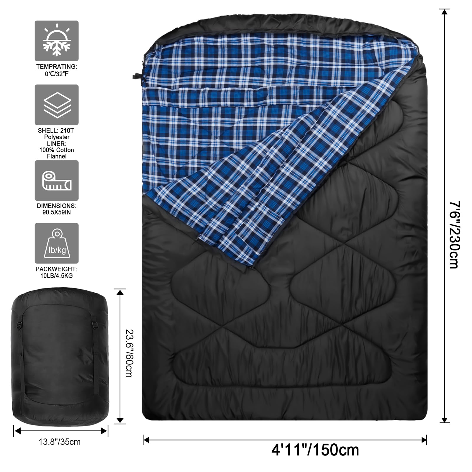 Sac de Couchage Double Adulte Flanelle Coton,2 Personnes Sac Couchage | Doublure 100% coton,Queen Size,déperlant Largepour couples ou famille camping Backpacking ou voyage,3-4 saisons temps froid
