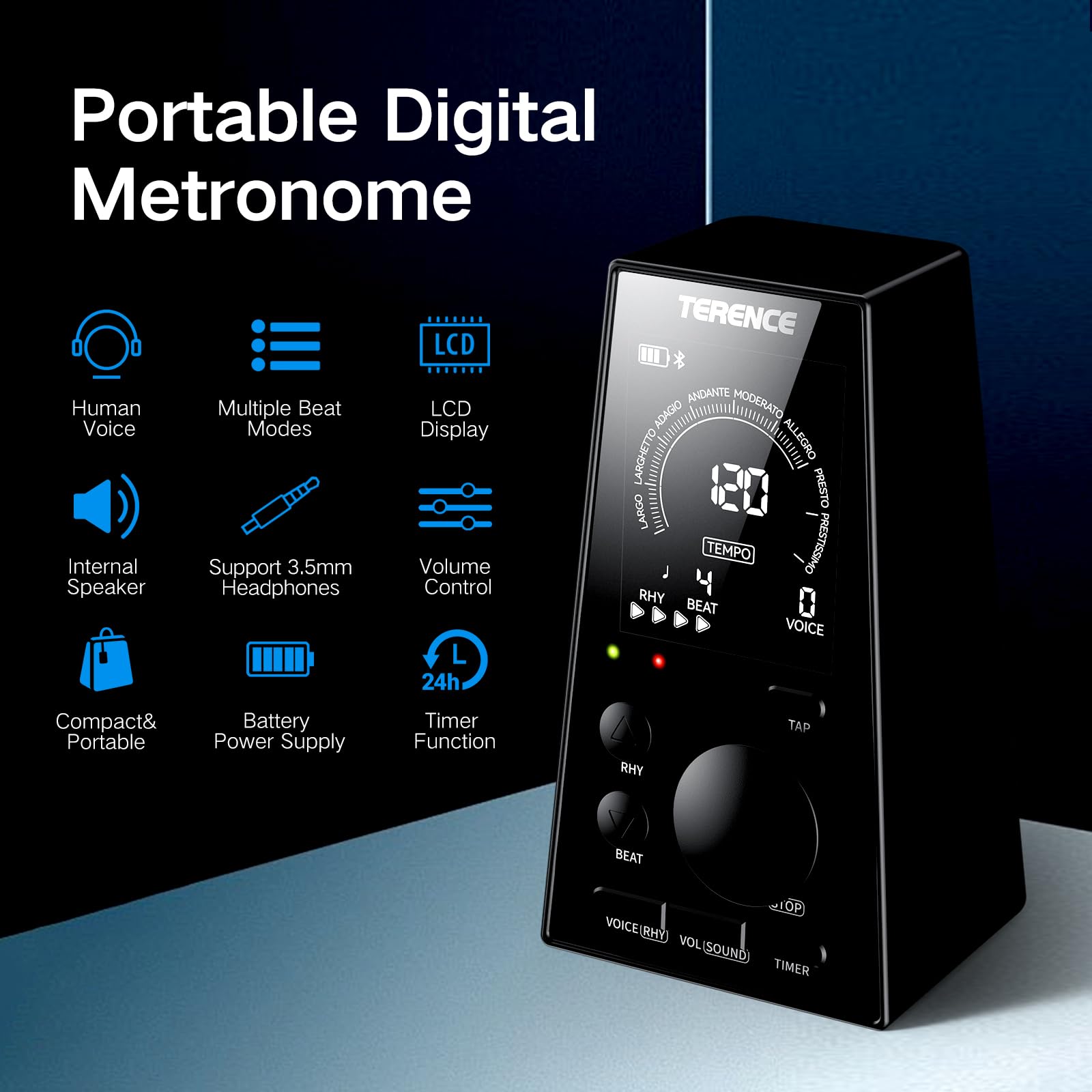 TERENCE Digital Metronome:Professional Precision Electronic Metronome 9 Tempo Presets 40-208 BPM Millisecond Accuracy LED Display Portable metronome for Piano Guitar Drums All Instruments