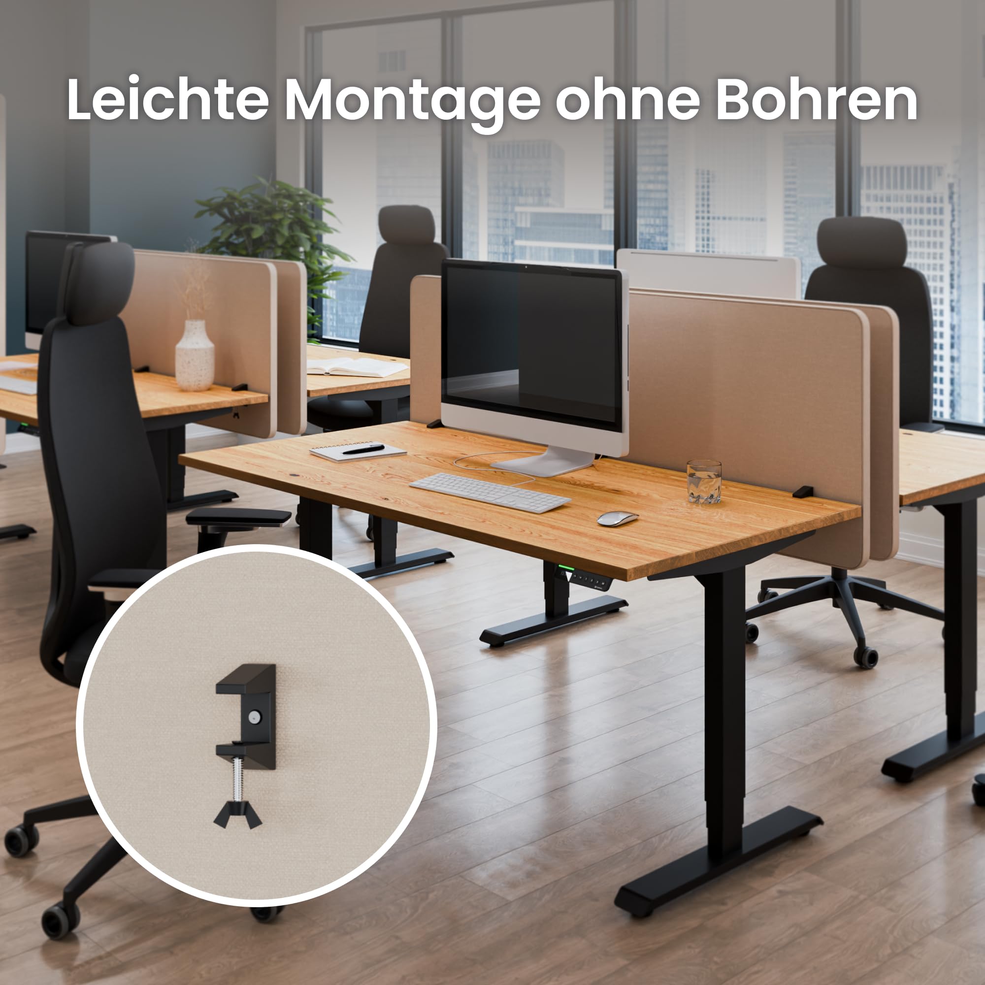 Ergotopia Focus Plus Akustik Trennwand Schreibtisch – Schallschutz & Sichtschutz Schreibtisch für konzentriertes Arbeiten im Büro – 40mm Premium Stoffbezug mit Klemmmontage – 160 x 60 cm - Beige