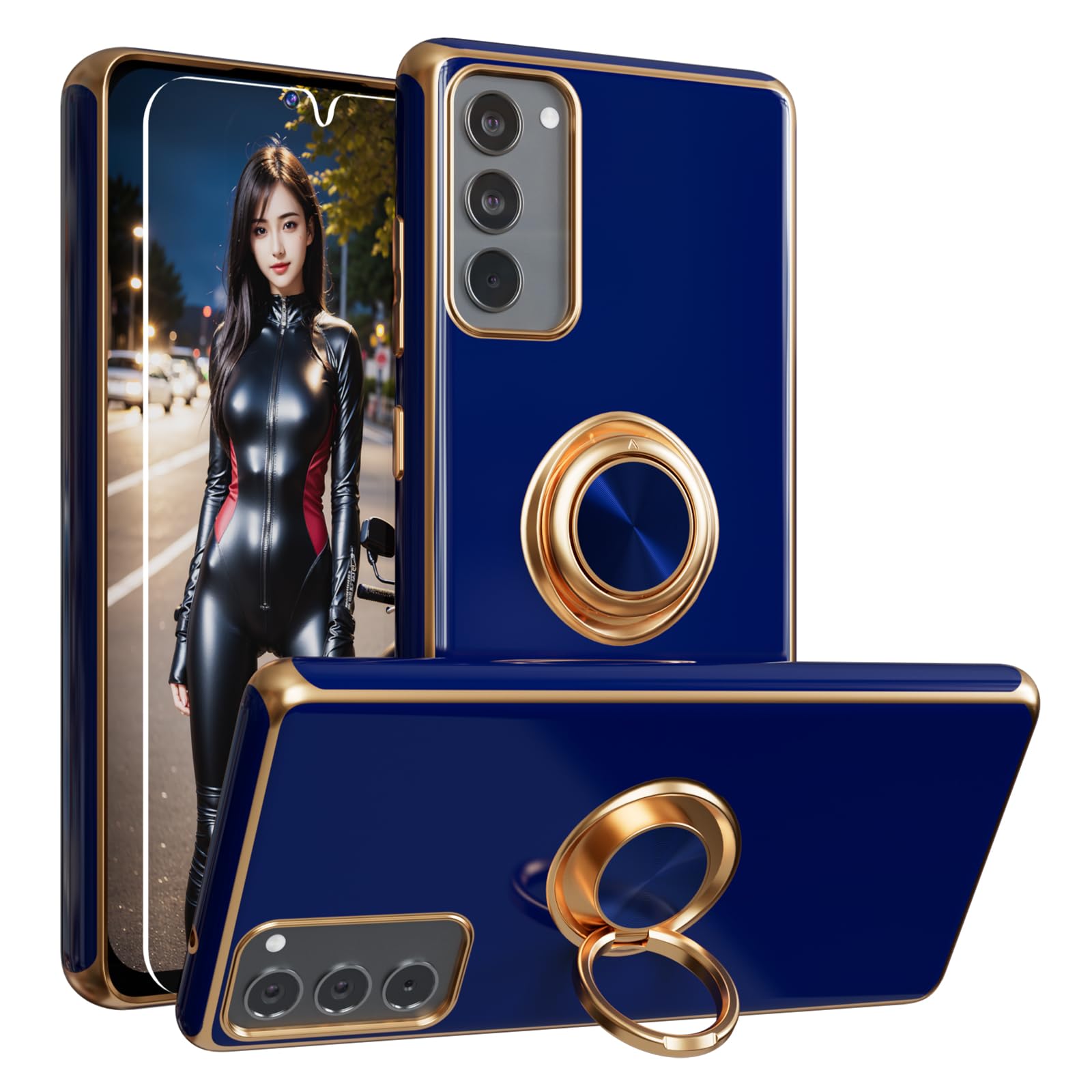 for Samsung Galaxy S20 FE 5G Case,+Screen Protector,with Magnetic Kickstand,Built-in 360° Rotation Ring Holder,Plating Gold Edge Slim Soft TPU Shockproof Protective Case for Galaxy S20 FE, Blue