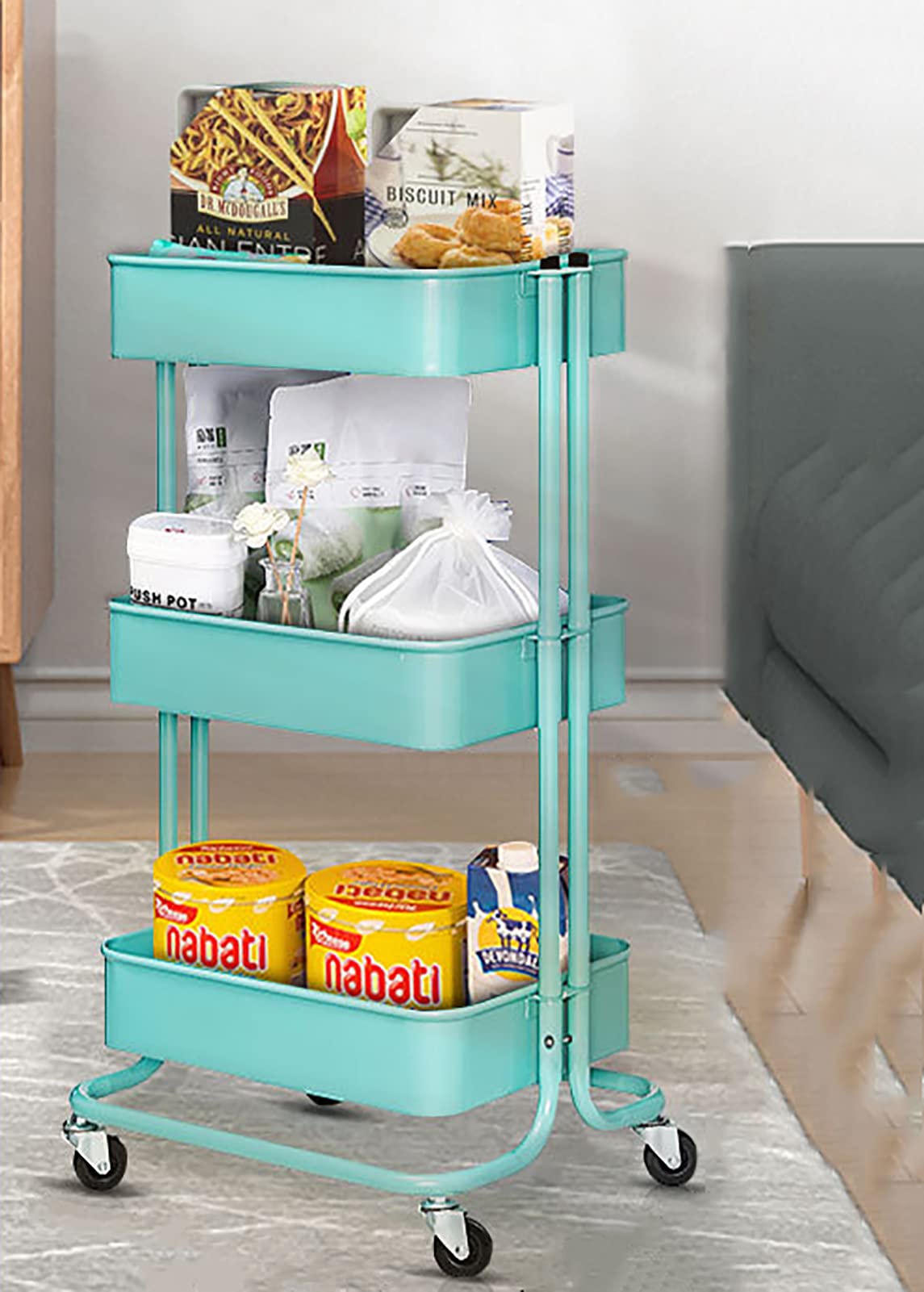 Carro utilitario de almacenamiento con ruedas, carro rodante de 3 niveles, estantes de almacenamiento móviles para oficina, garaje, cocina, hogar, baño,Azul