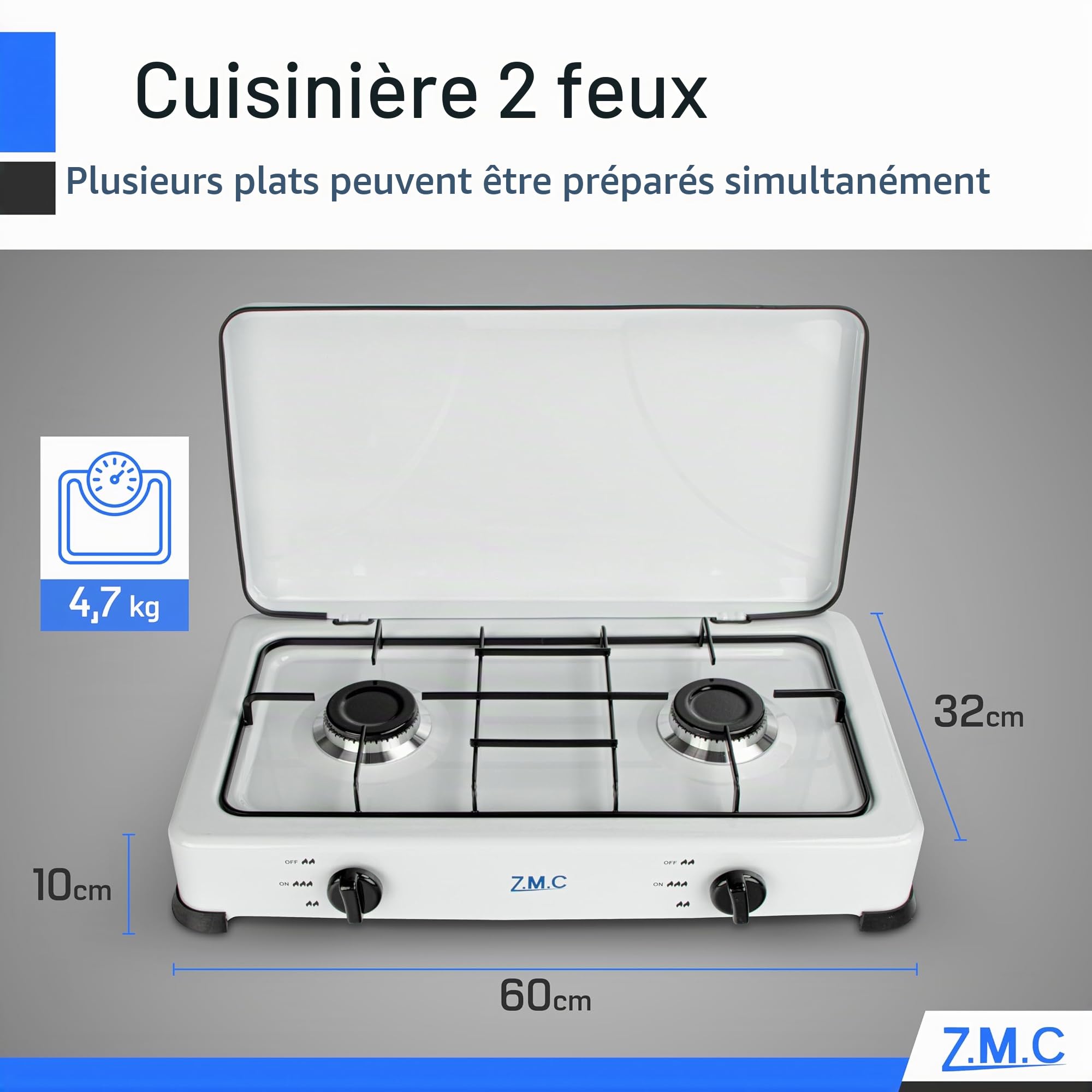 Z.M.C cuisinière à gaz double flamme, cuisine de camping, plaque de cuisson à gaz avec tuyau + régulateur, propane gaz liquéfié (GPL) optimisé, 2,2 kW par brûleur pour cuire deux plats en même temps,