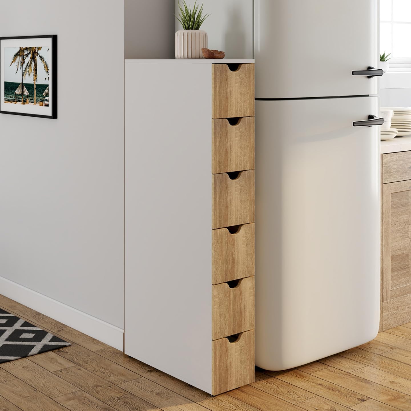 IDMarket - Colonna salvaspazio WILO a 6 cassetti su rotelle in look bianco e faggio