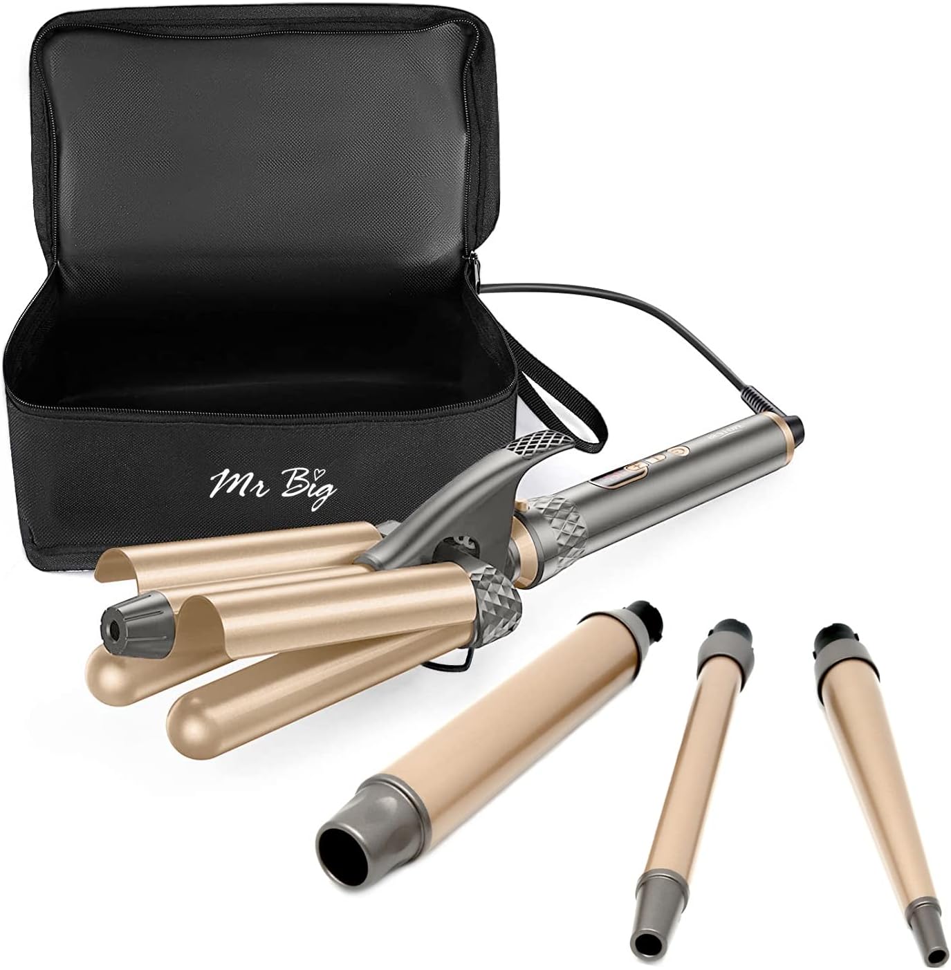 Mr Big Triple Waver Curling Iron Set for Beachy Waves has the 4 Most Used Wands, 1” Waver Crimper & Wands from ½” to 1.25”, Great for Long Hair, Travel Bag & Accessories, Fast Heat, for All Hair Types